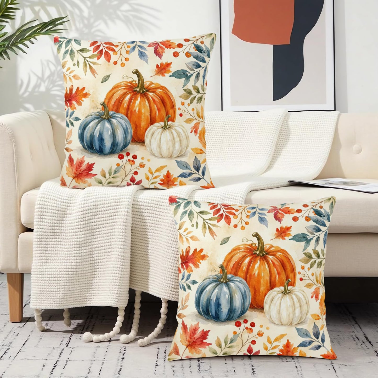 ABSOP Fall Pillow Covers 18x18 Inch Orange Blue Pumpkin Pattern Decorative Throw Pillow Covers Set of 2 Autumn Thanksgiving Harvest Pillowcases for Soft Couch Holiday Party Decor