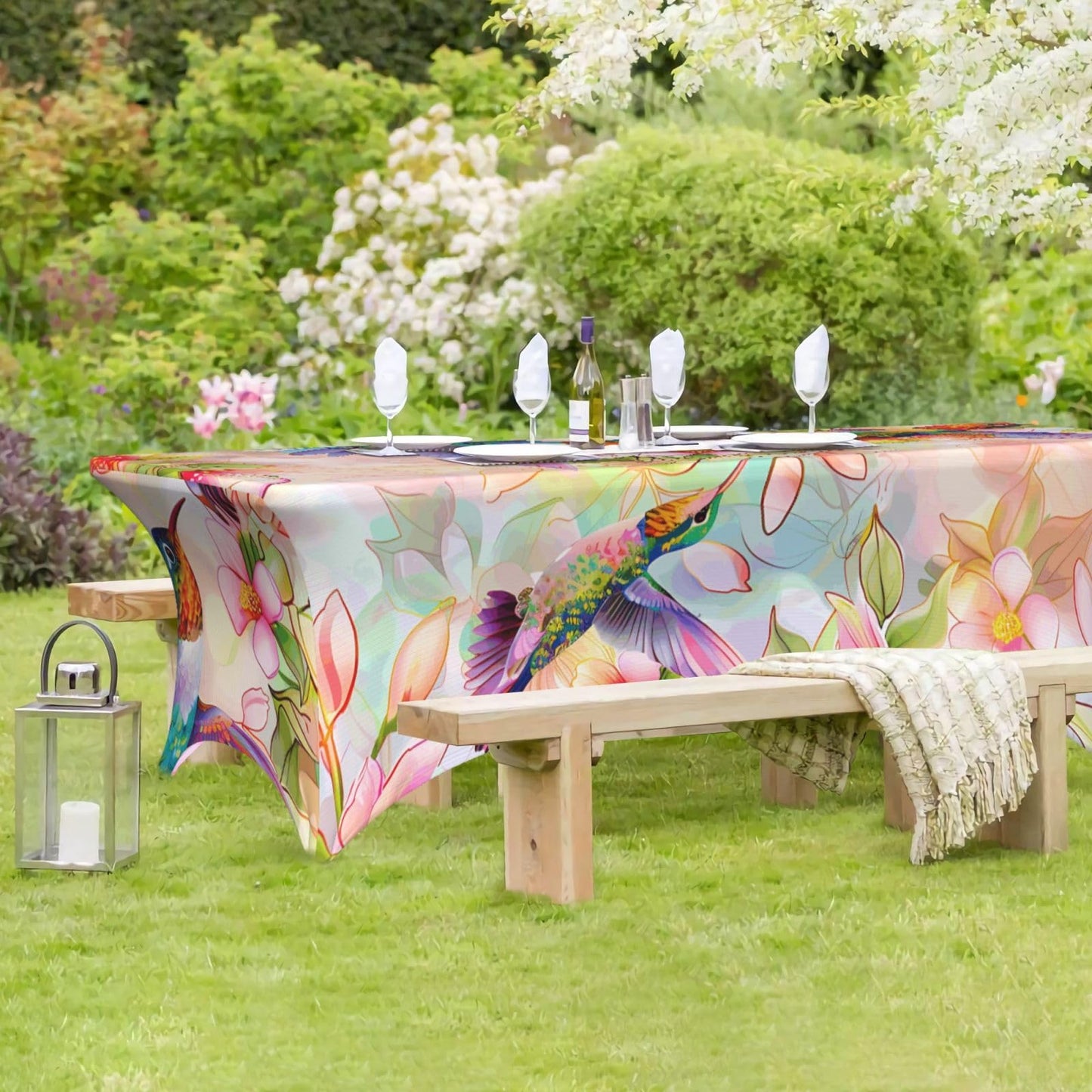Ginfult Table Cloth Colorful Hummingbird Cherry Blossom Fitted Tablecloth for 6 Foot Rectangle Tables Stretch Table Cover for Party Picnic Wedding
