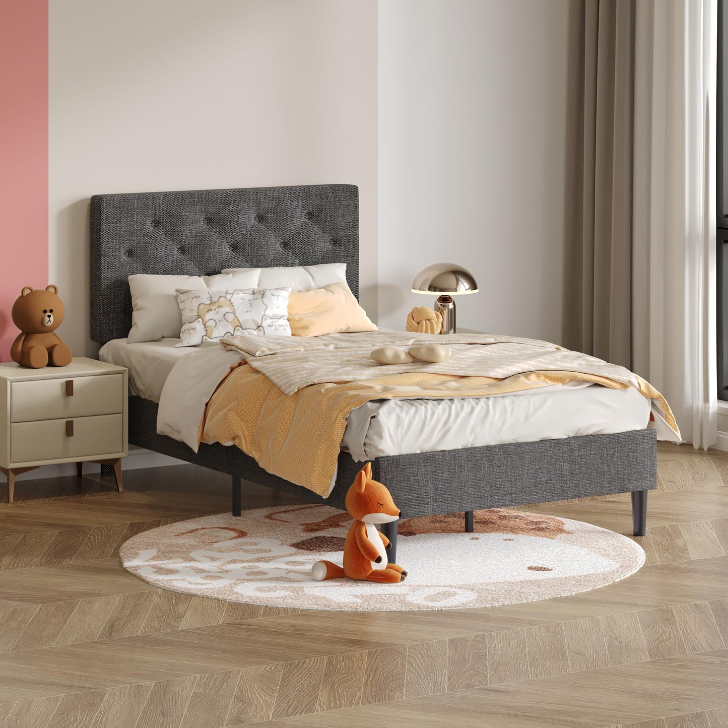Lullabyre Twin Bed Frames for Kids, Upholstered Platform Bed Frame, Upholstered Bed Frame with Tufted Headboard, No Box Spring Needed, Easy Assemble, Grey