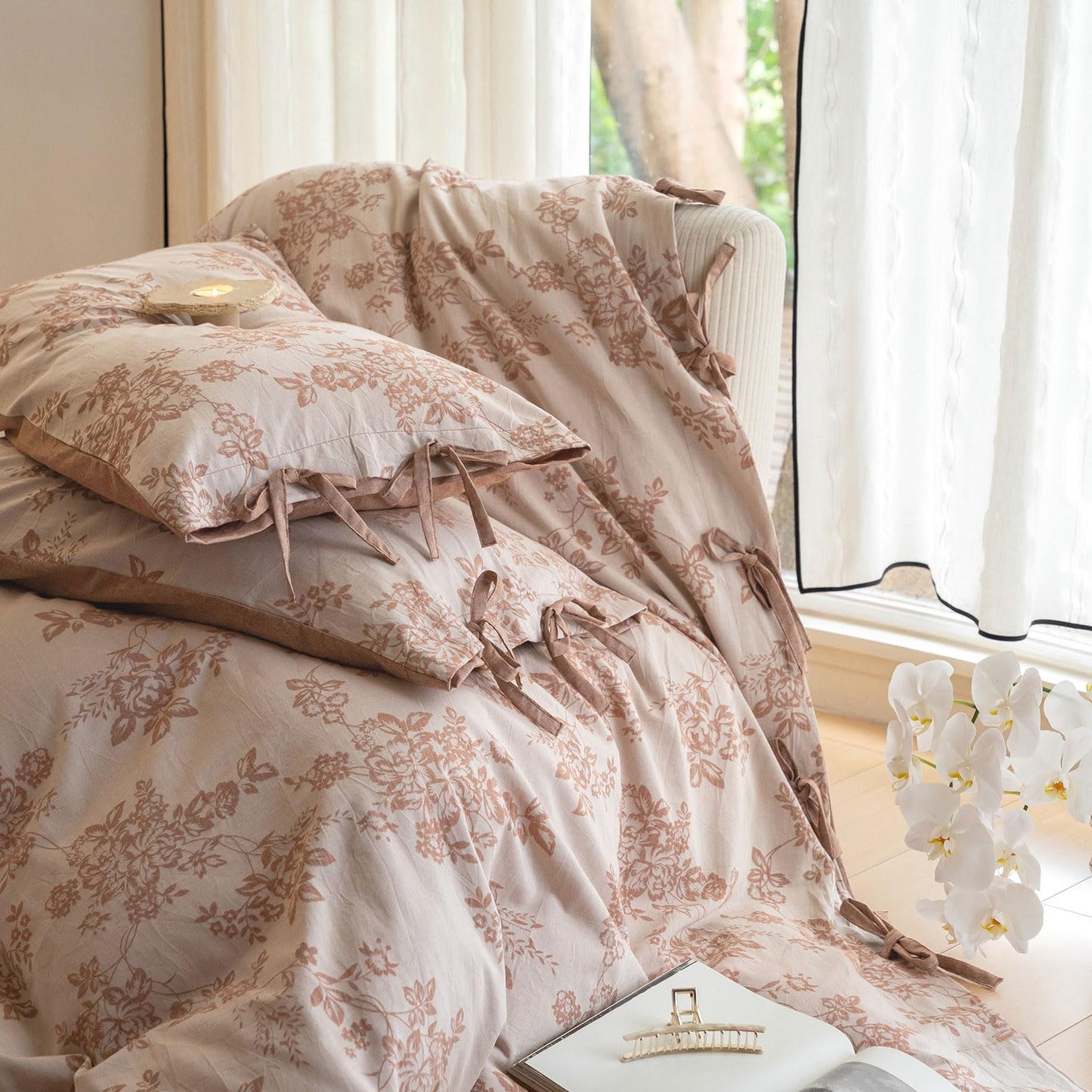 VM VOUGEMARKET Chic Floral Duvet Cover Queen,Yarn-Dyed Cotton Jacquard Textured Duvet Cover with Bowknot Retro Monet Style Bedding Set-90"x90",Pumpkin