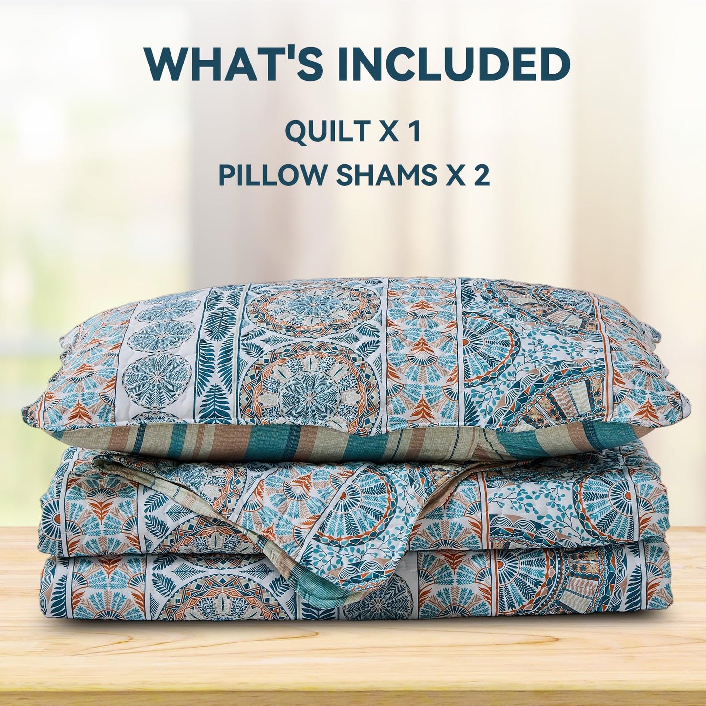 Qucover King Size Quilt Bedding Set, Teal Blue Striped Reversible Boho Quilt Sets, 3pc Lightweight Microfiber Oversized King Bedspread Coverlet for All Season, Bohemian Bedroom Decor