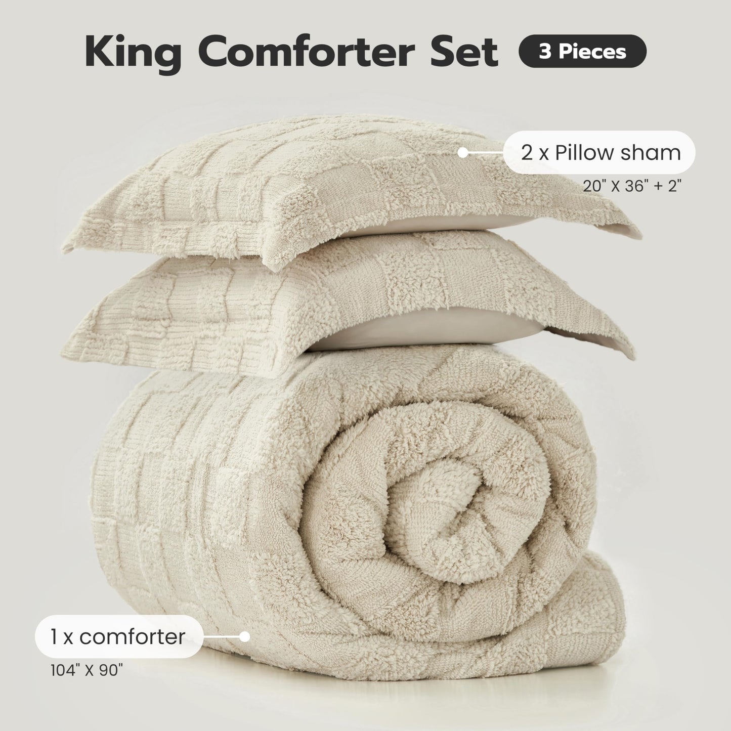 Joiedomi King Size Comforter Set, 3 Pieces Beige Boho King Bedding Set with 1 Plaid Geometric Comforter and 2 Pillow Shams, Checkered Bed in a Bag for All Seasons