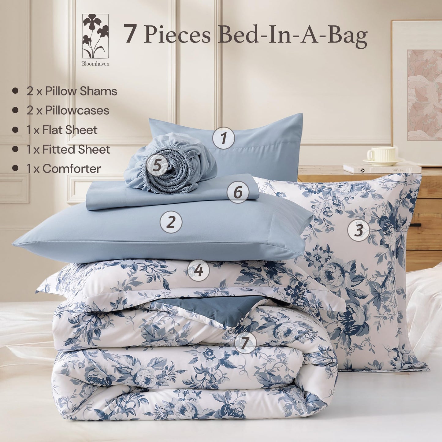 BLOOMHAVEN Queen Comforter Set -7 Pieces Floral Blue Comforter Set for All Seasons, Bed in a Bag Queen with Botanical Flowers Comforter, Sheets, Pillowcases & Shams