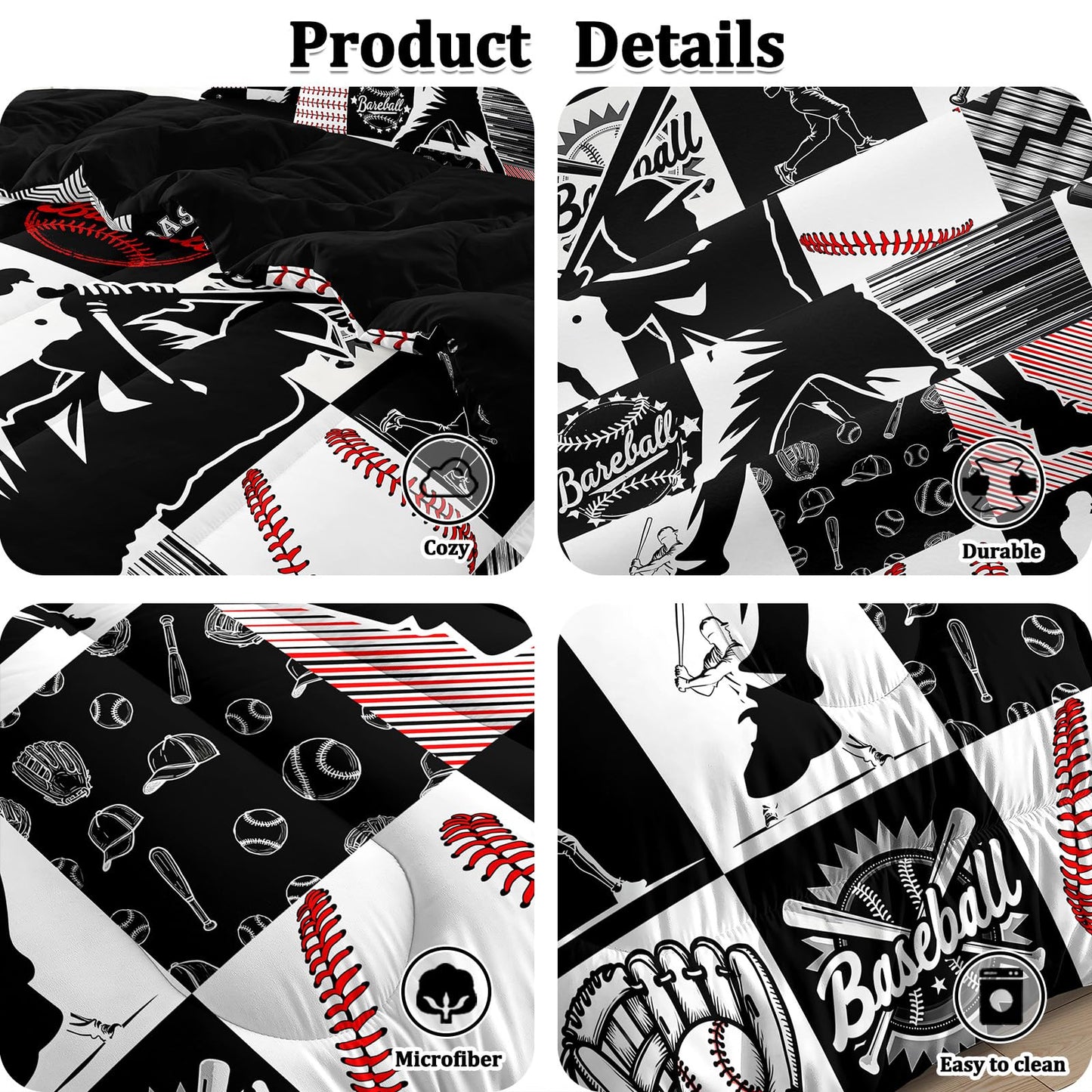 HICAND 5 Pcs Baseball Full Bedding Set for Boys Teens, Full Size Sports Cool Baseball Boys Comforter Set with Sheets
