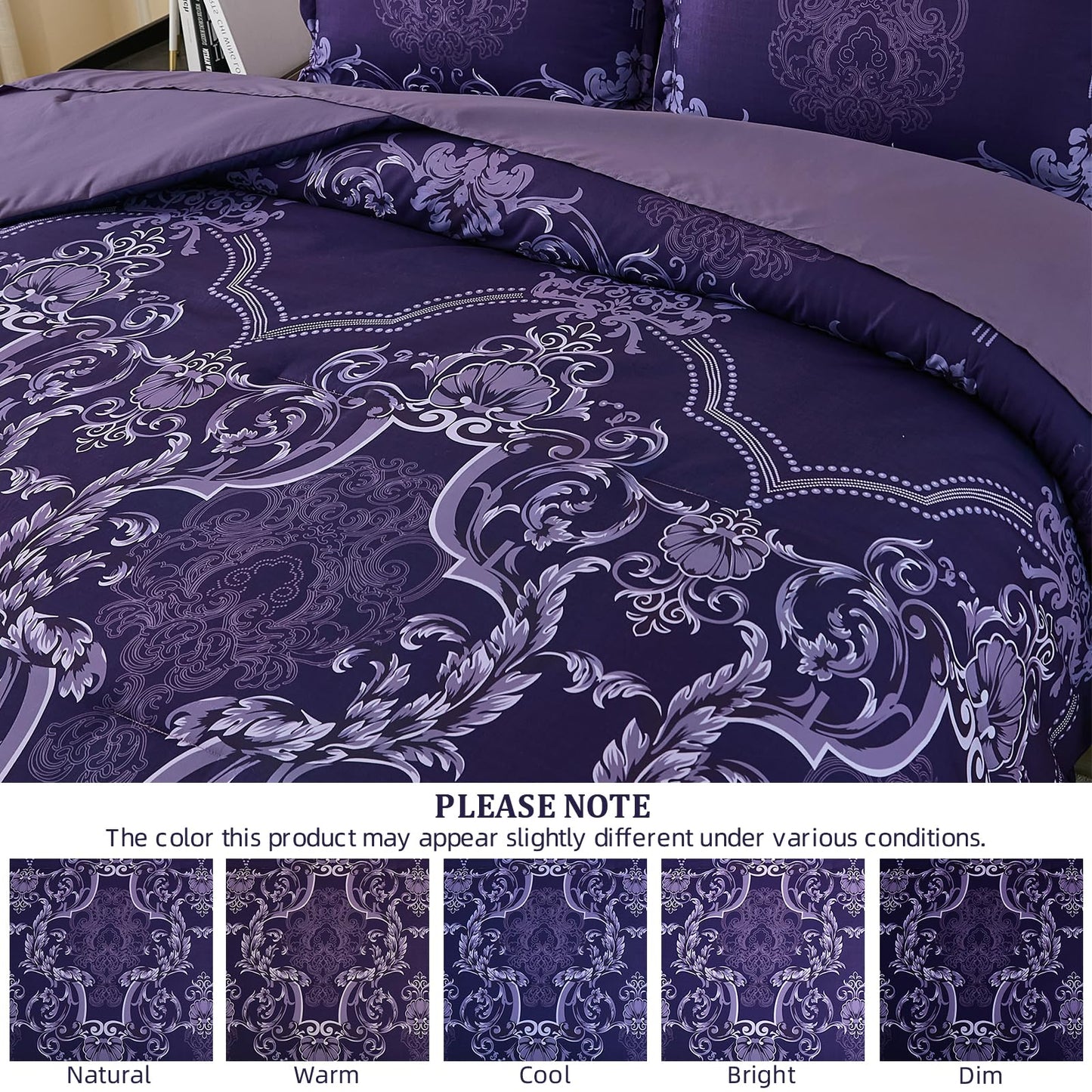 Mybedsoul Dark Purple Queen Comforter Set, 7 Pieces Boho Bed in a Bag for Queen Bed, Damask Comforter with Sheets Pillowcases, Soft Microfiber Lightweight Bedding Sets for All Season(90"x90")