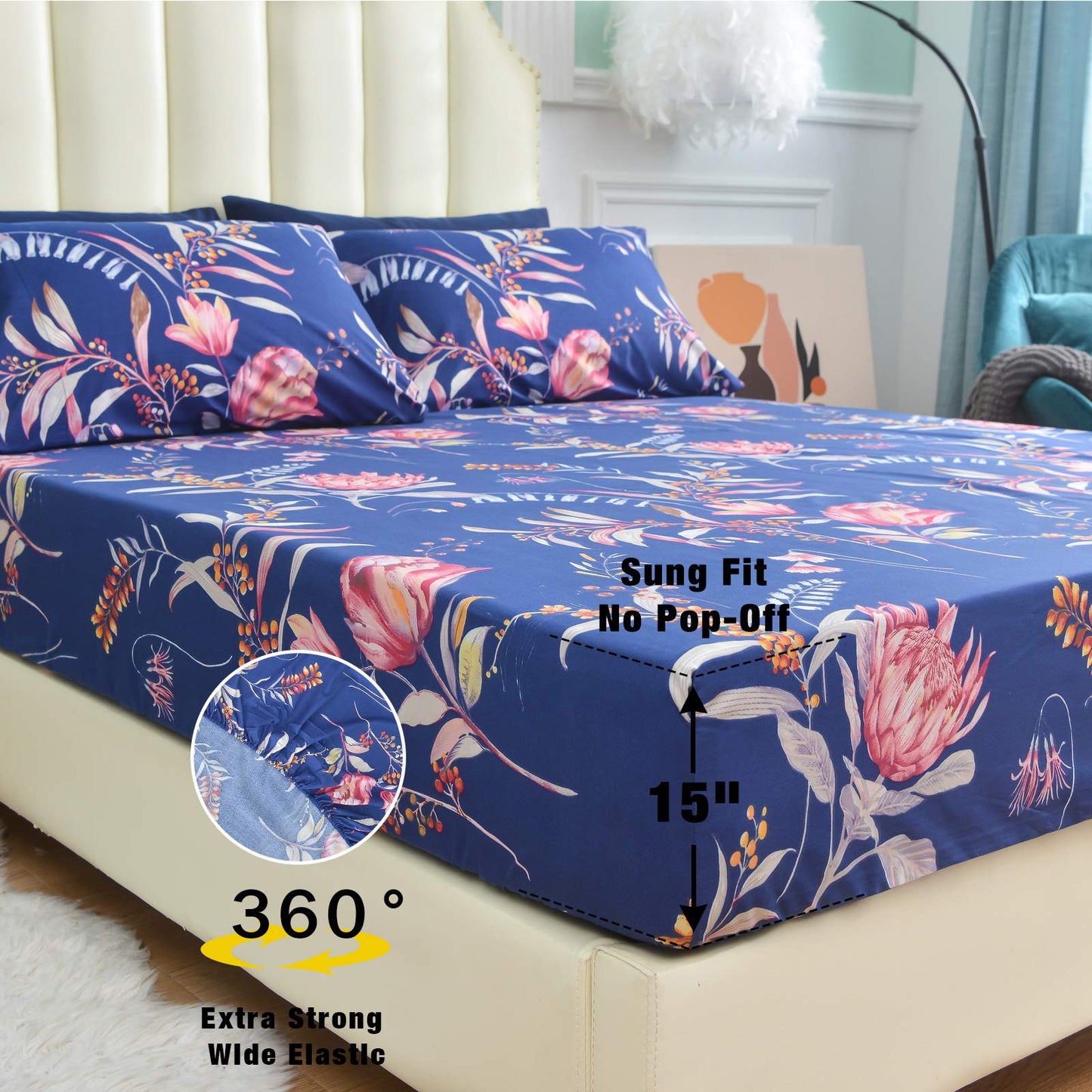 JSD Navy Blue Floral Printed Sheet Set Queen 6 Piece, Soft Microfiber Botanical Pattern Bed Sheets Extra Deep Pocket