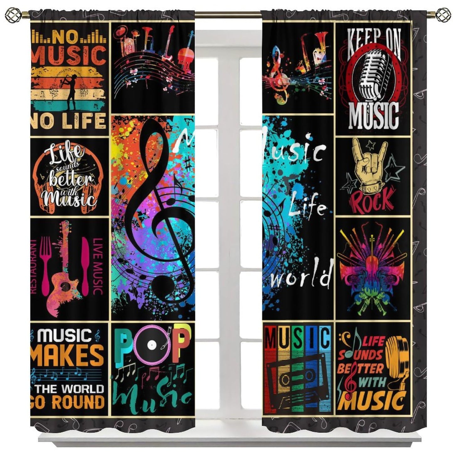 Music Note Curtains for Music Lovers,Rock and Roll Adults Kids Music Themed Art Window Treatments for Bedroom Living Room Musical Room Décor Drapes 2 Panels,Total Size 42" W x 45" H