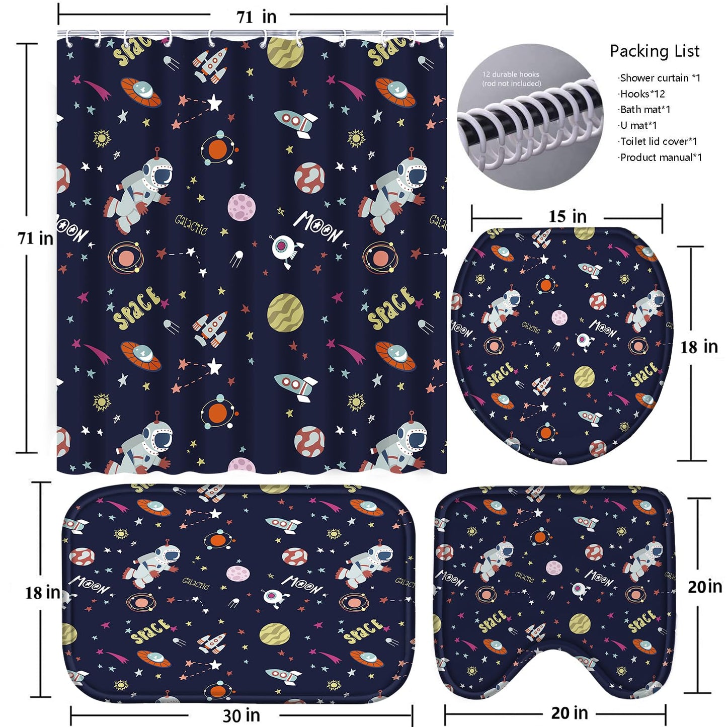 Poedist 4 Pcs Bathroom Shower Curtain Set, Bathroom Set, Space Shower Curtain Sets with Rugs(Bath Mat,U Shape and Toilet Lid Cover Mat) and 12 Hooks