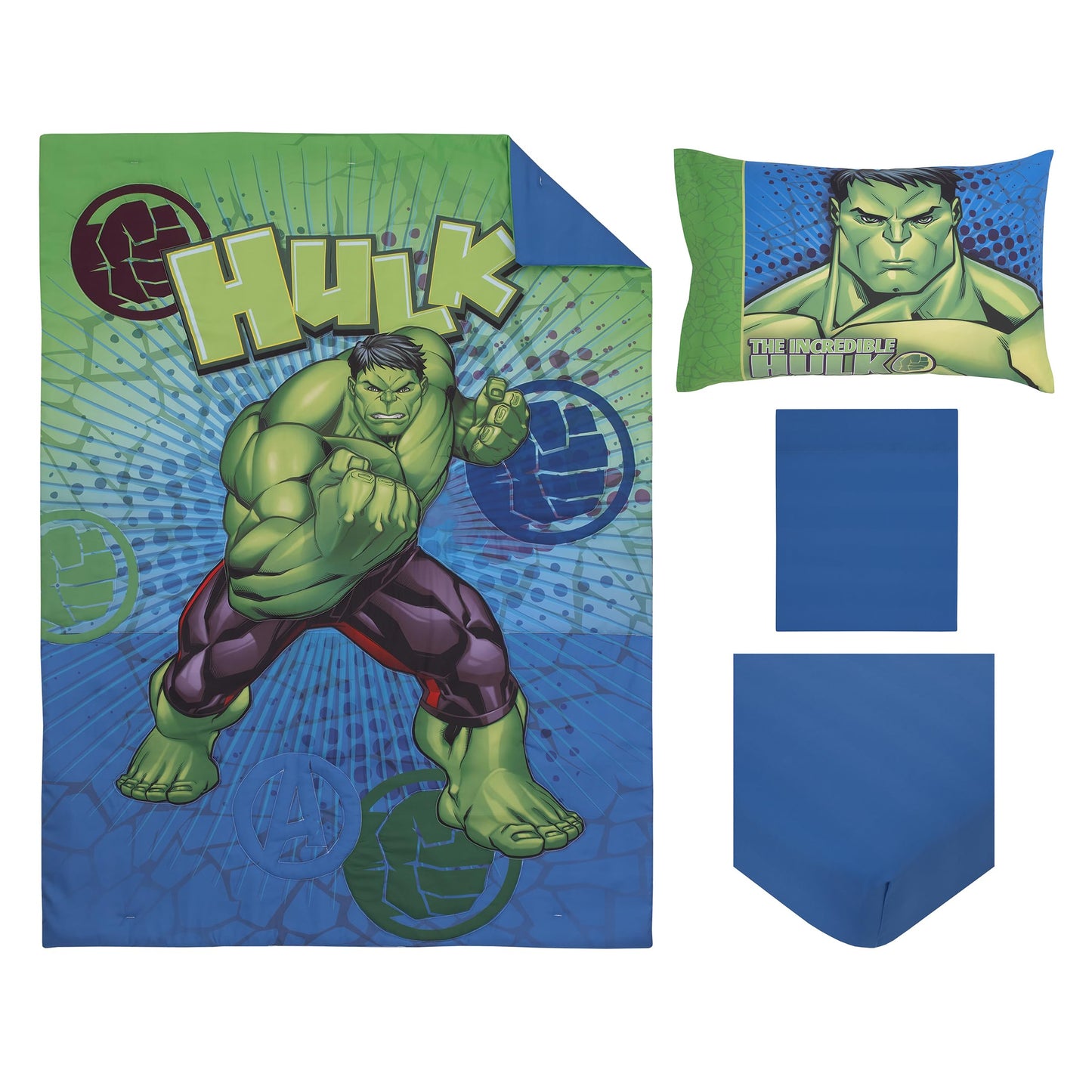 NoJo Marvel The Incredible Hulk Green, and Blue 4 Piece Toddler Bed Set - Comforter, Fitted Bottom Sheet, Flat Top Sheet, and Reversible Pillowcase