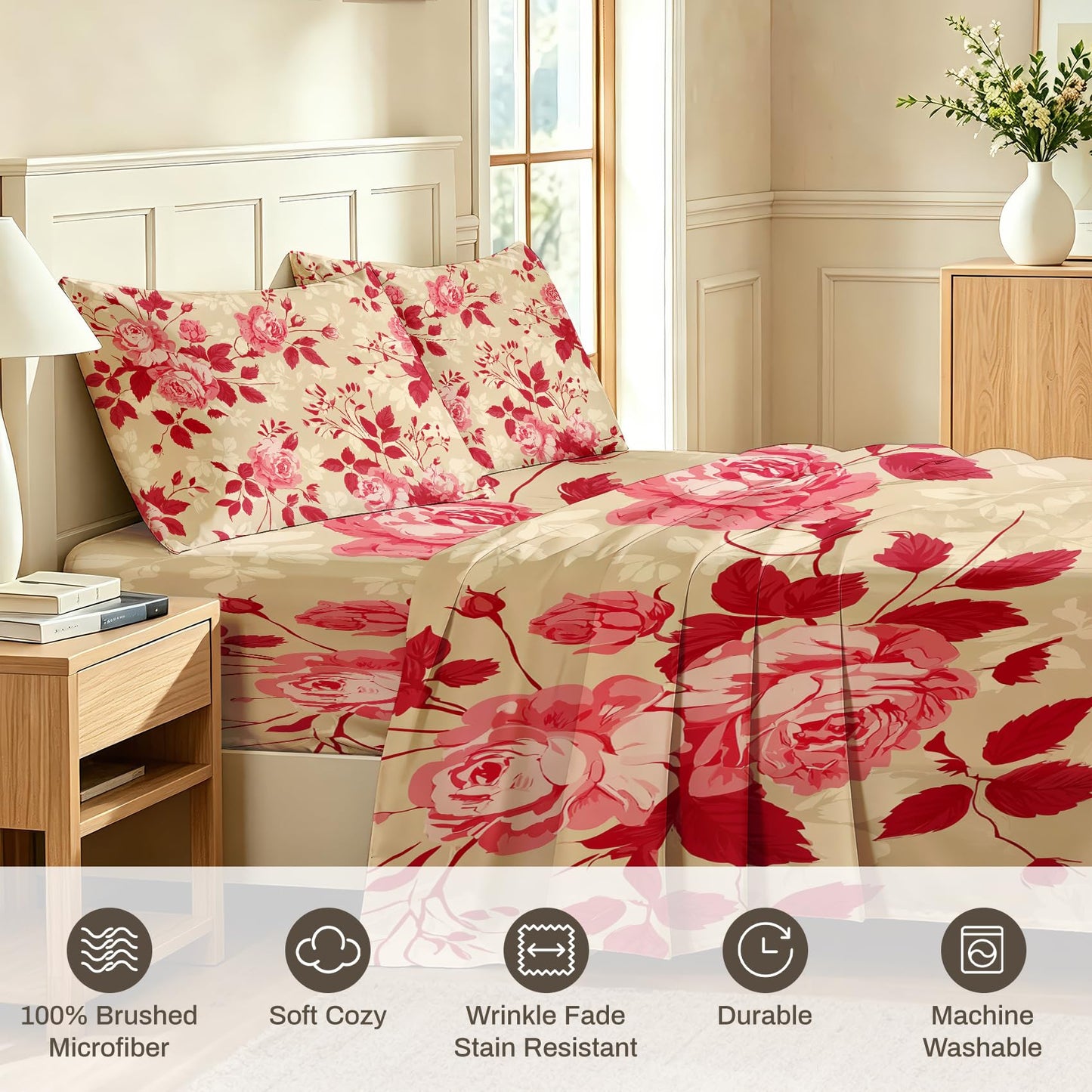 Red Rose California King Sheet Set 4 Pcs Vintage Floral Bed Sheets