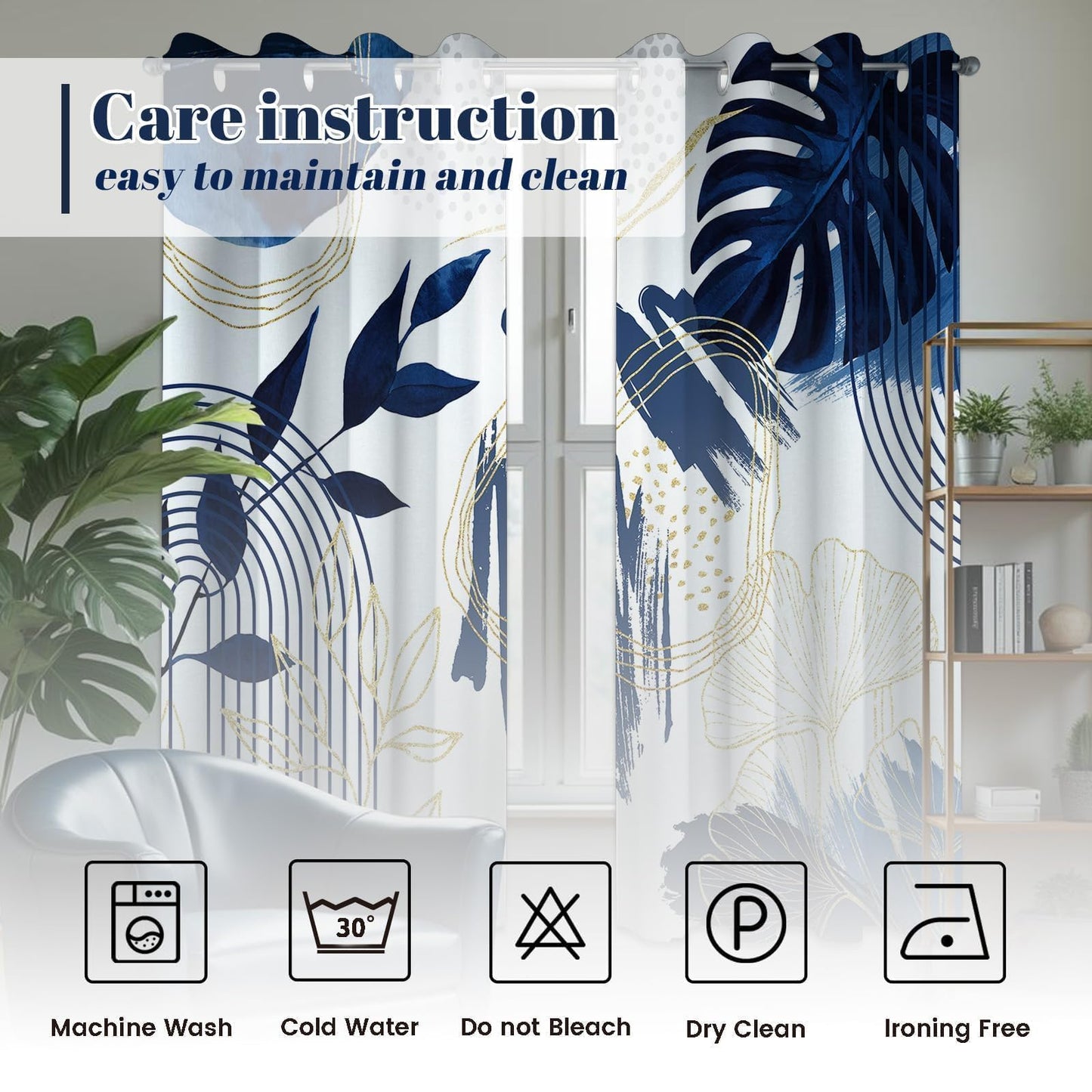 soeeao Boho Navy Blue Leaf Blackout Curtains, Bohemian Mid Century Modern Dark Blue and White Palm Window Drapes for Bedroom Living Room, 84 inch Length 2 Panels Set, 52x84 inch