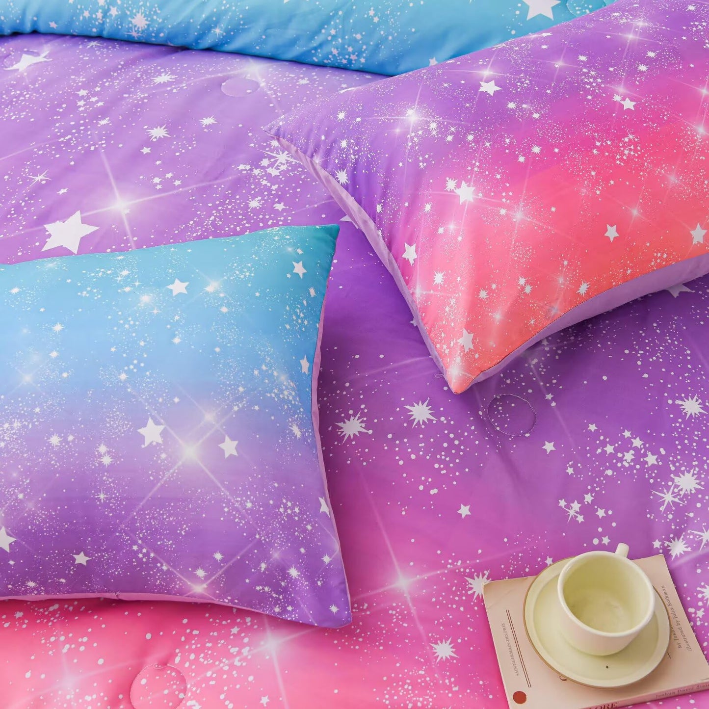 GRAT TIOC 6 Pieces Pink Purple Twin Comforter Set for Girls,Kids Glitter Galaxy Rainbow Bedding Sets Bed in A Bag (1 Comforter, 1 Flat Sheet,1 Fitted Sheet,2 Pillowcases and 1 Cushion Cover)
