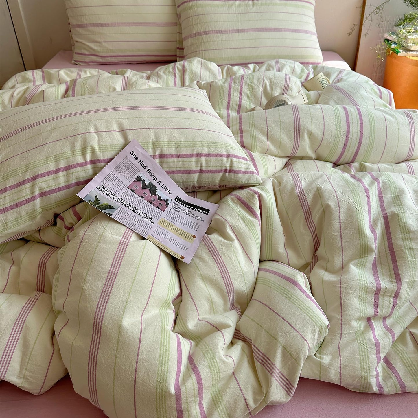 EAVD Retro Striped Duvet Cover Queen Size Soft 100% Cotton Green Purple Vertical Stripes Pattern Bedding Set with 2 Pillowcases Reversible Farmhouse Geometric Pattern Duvet Cover with Zipper