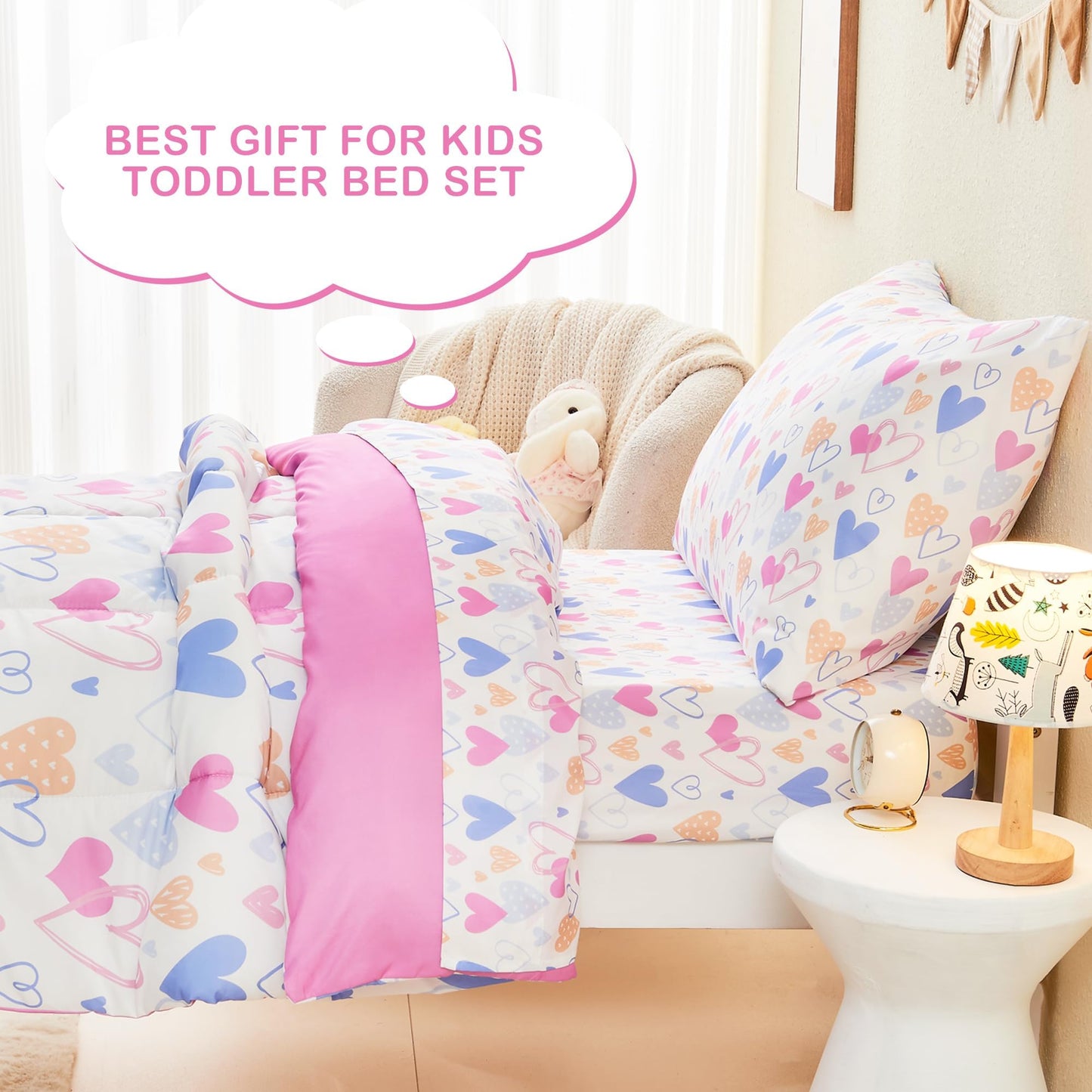 Mooreeke 4 Pieces Toddler Bedding Set - Soft Love Heart Toddler Comforter Sets for Girls, Includes Quilted Comforter, Flat Sheet, Fitted Sheet and Pillowcase, Bed in A Bag for Baby Bedroom