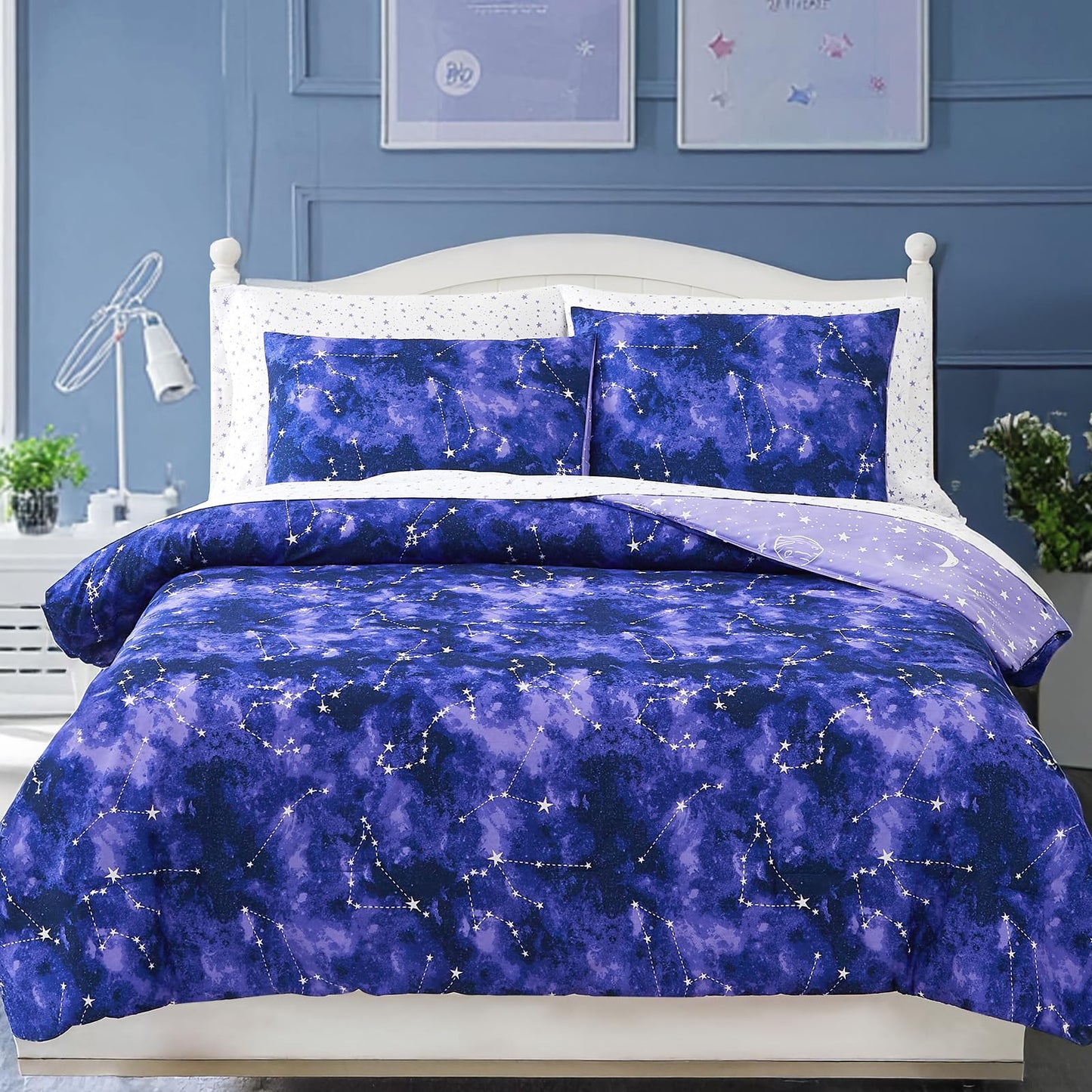 Wink Deer Full Size Comforter Set -7 Pieces Girls Boys Galaxy Glow in the Dark Full Bedding Sets for Kids, Ultra Soft Bed in A Bag with Sheets
