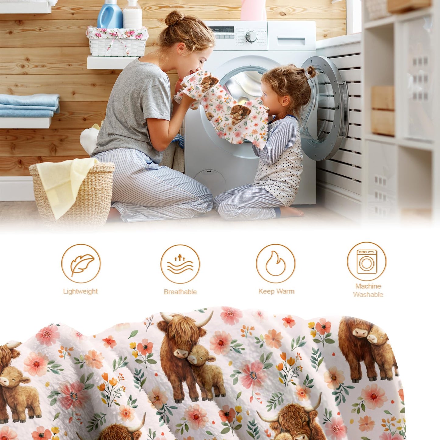 Hohoto Highland Cattle Floral Blanket Flower Gifts for Women Girls Adults Kids Men Boys Birthday Christmas Halloween Easter Wife Mom Girlfriend Dad Son Husband Spring Throw Blanket 50"x60"