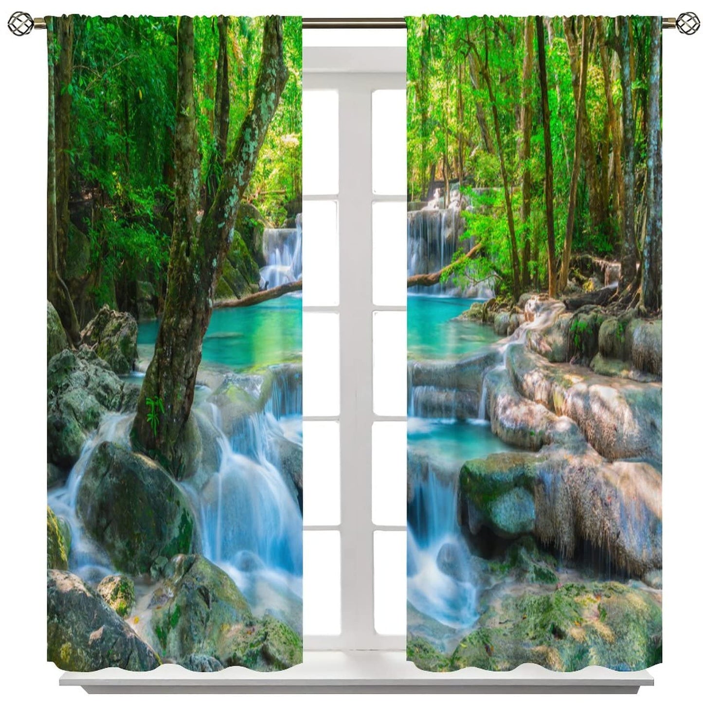 Waterfall Curtains, Spring Forest Nature Landscape Theme Pattern Print, Bedroom Living Room Blackout Curtains, 2 Panel Set, 42X45 Inch