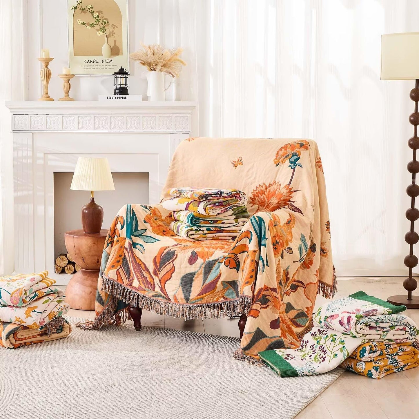 XIBLC Boho Throw Blanket for Bed, 100% Cotton Soft Rustic Quilt Fall Blanket, 60"x80" Floral Printed Farmhouse Decor Bed Blankets, All Season Rustic Reversible Bohemian Throw Quilt