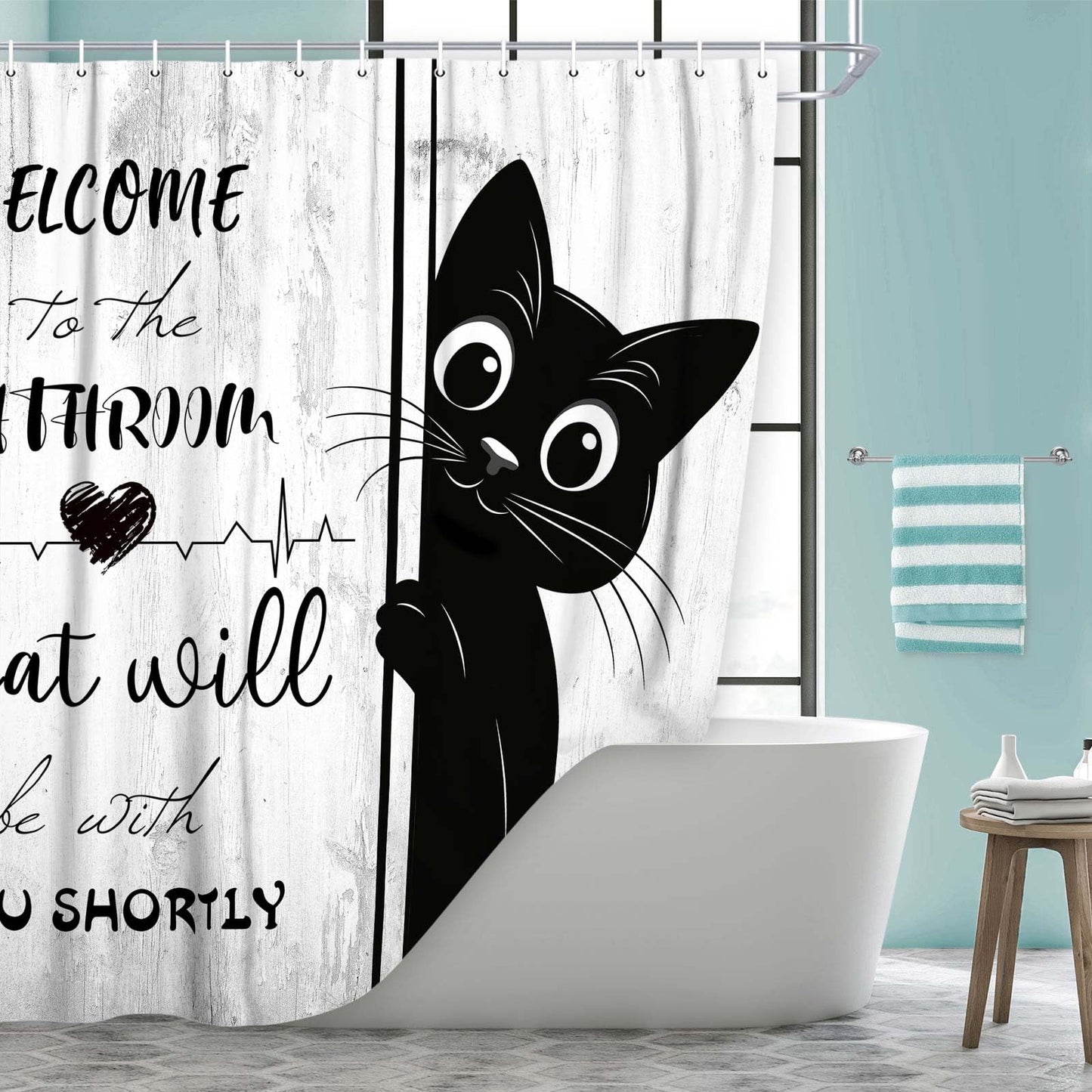 JAWO Funny Black Cat Shower Curtain, Welcome to The Bathroom Rustic Farmhouse Fabric Shower Curtain Set with Hooks, Cute Kitten Animal Waterproof Bath Curtain for Bathroom Decor,12pcs Hooks,69X70 in