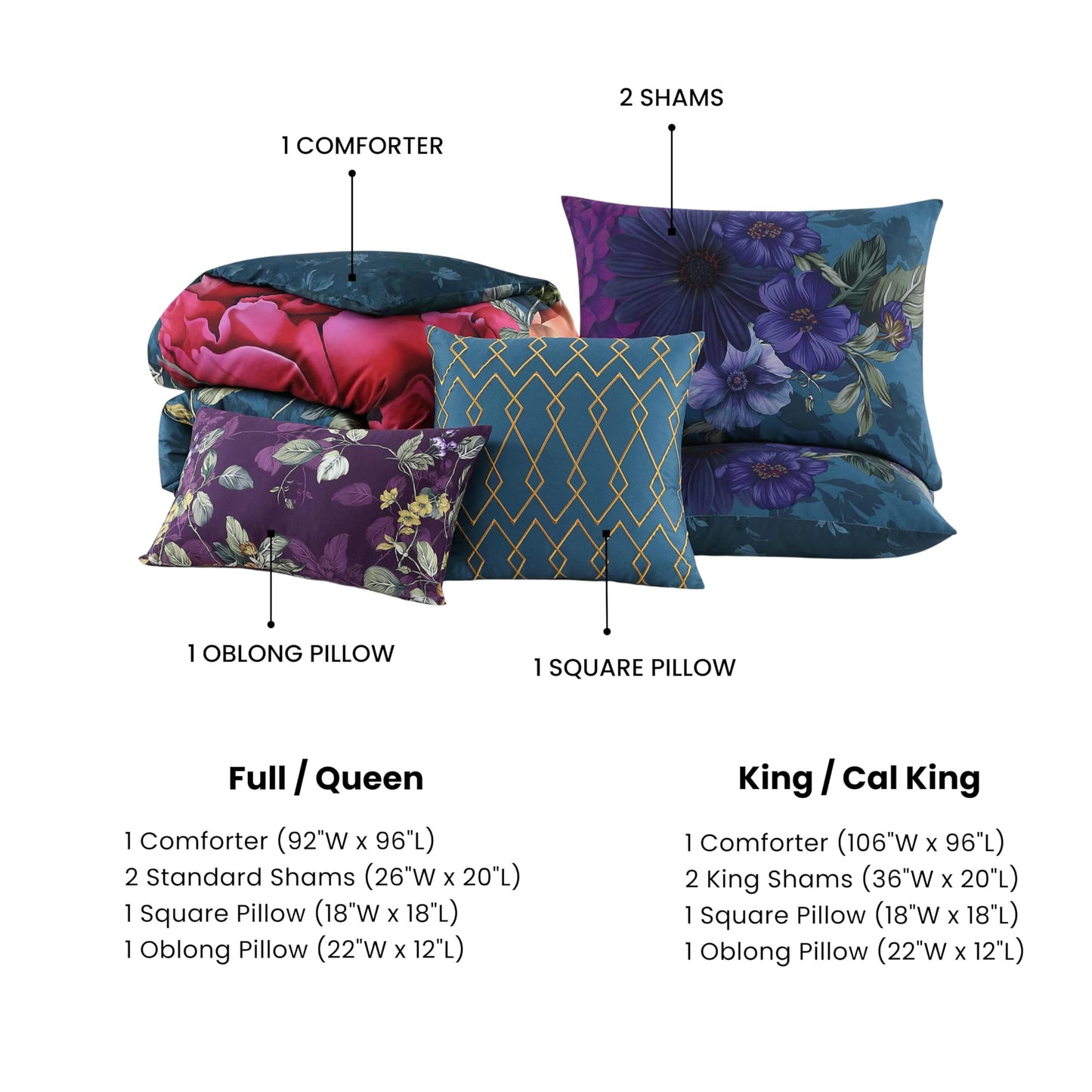 Bebejan Vibrant Flora 5 Piece Comforter Set, 100% Cotton Sateen, 220 Thread Count, Reversible Bedding Comforter Set, 1 Comforter, 2 Shams & 2 Pillows (King/Cal King)