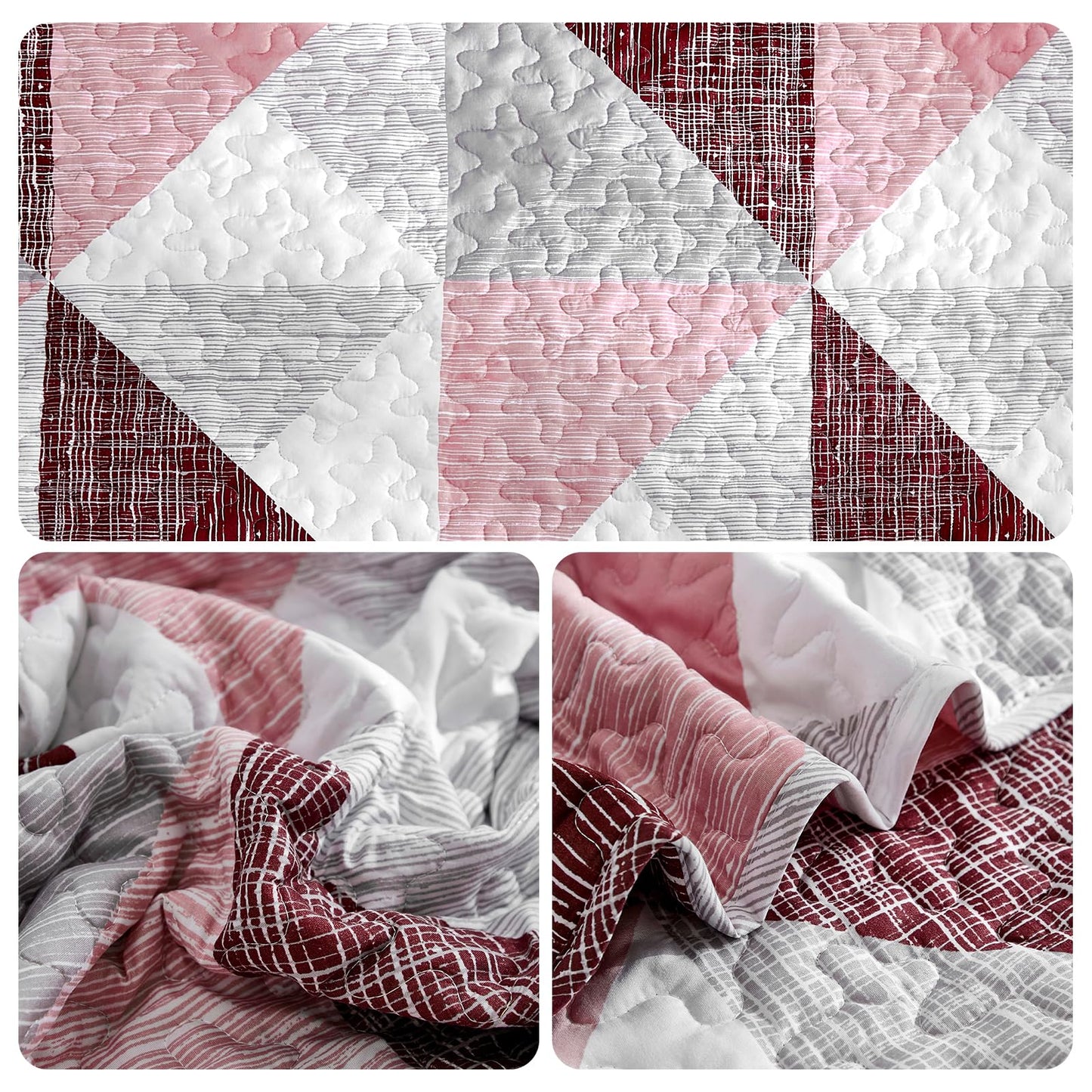 Dintszyayue Pink Quilt Queen Size, 3 Pieces Triangular Patchwork Bedspread Bedding for Queen Size Bed, Soft Lightweight Microfiber Geometric Coverlet Set for All Spring Quilt with 2 Pillowcases90 x96