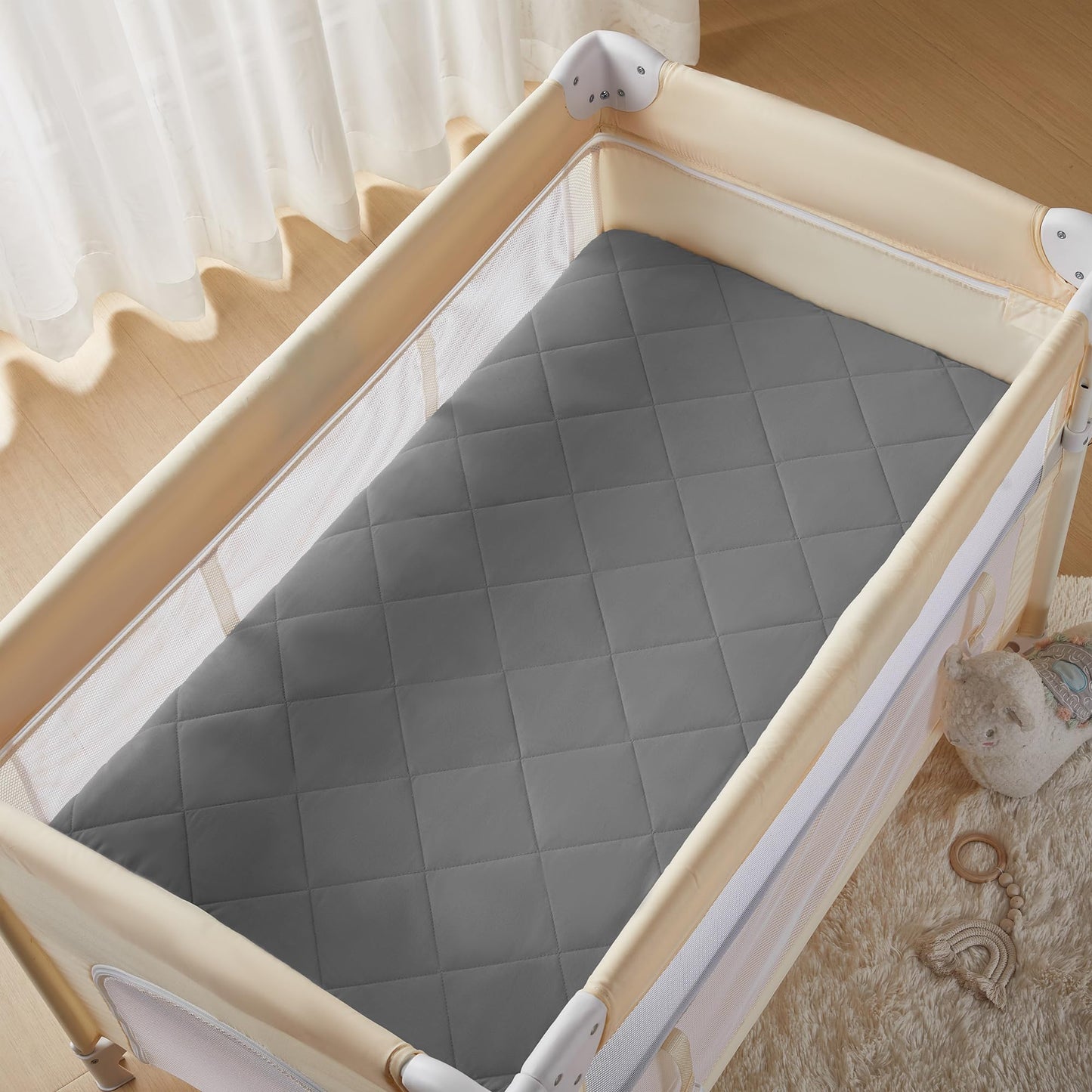 TILLYOU Pack and Play Sheet - Soft Quilted Crib Cover Pad, Toddlers Mattress Protector with 1''-3'' Deep Pocket, Thick Play Yard Playpen Sheets, Breathable Fluffy Crib Mattress Pad, 39"x27", Grey