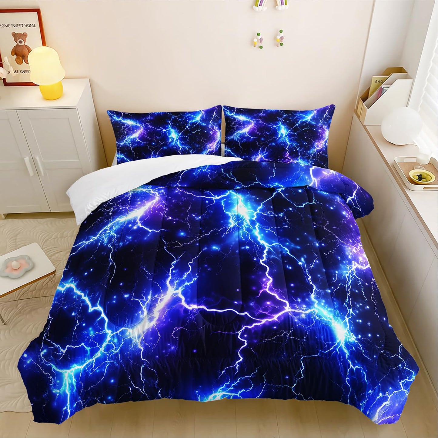 XYNHML Blue Lightning Printed Themed Comforter 3Pcs Twin Sky Natural Disaster Thunder Bedding Set for Kid Teen Girl Boy Adult Mysterious Thunderstorm Quilt Bed Decor with 1 Comforter & 2 Pillowcases
