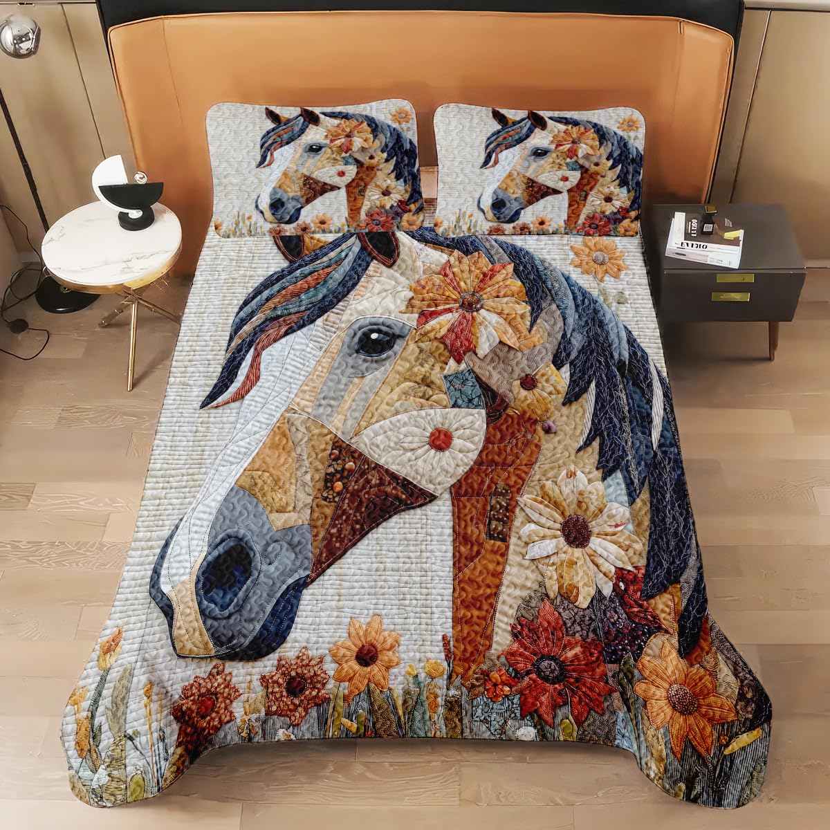 LUSHIS Patchwork Quilt Set, Patchwork Throw Bedspread Bed Sets - Animals Coverlet Sets All Season Soft Microfiber Lightweight Bedding Set (Horse)