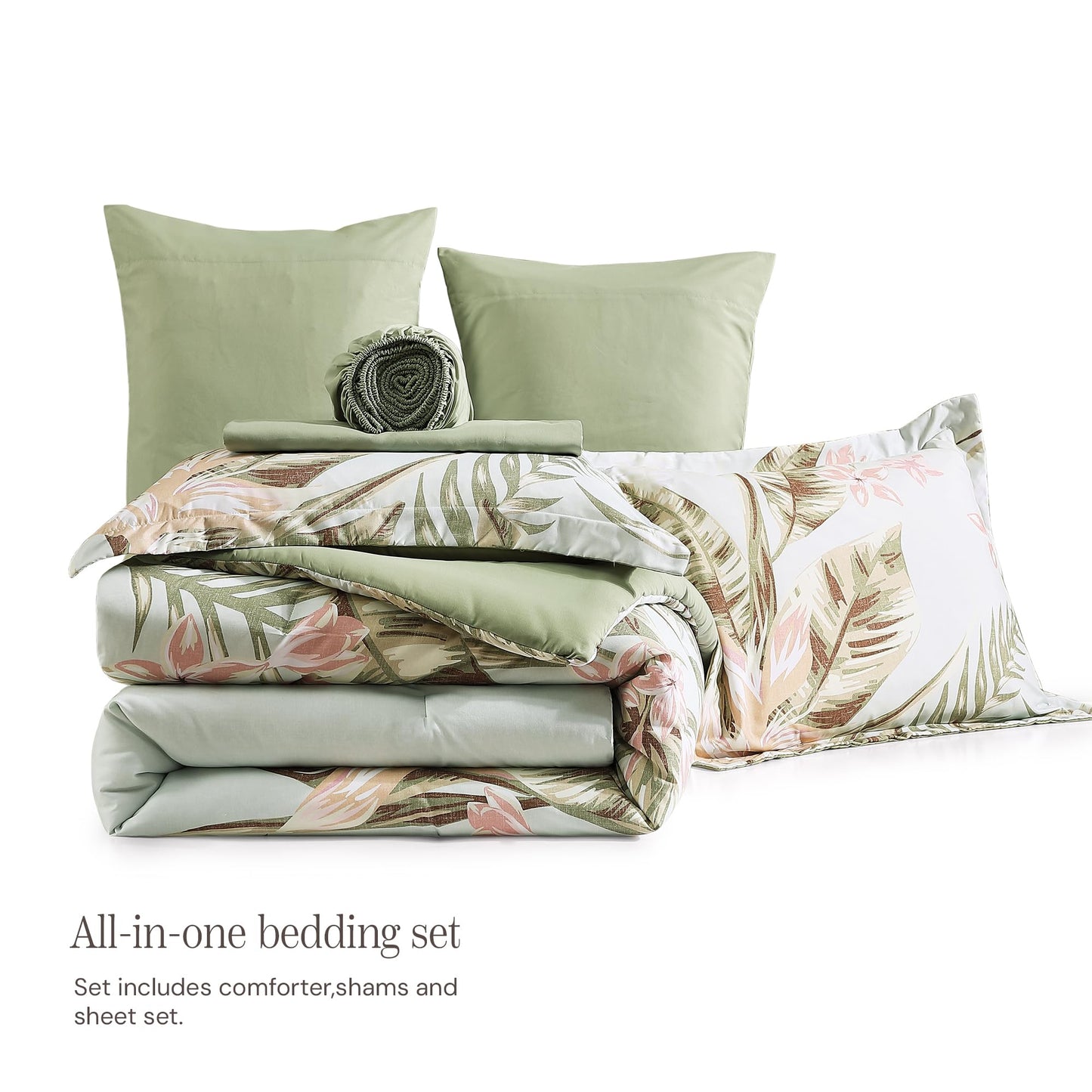 BLOOMHAVEN Queen Comforter Set -7 Pieces Palm Leaf Bedding Set for All Seasons, Bed in a Bag with Tropical Flowers Comforter, Sheets, Pillowcases & Shams