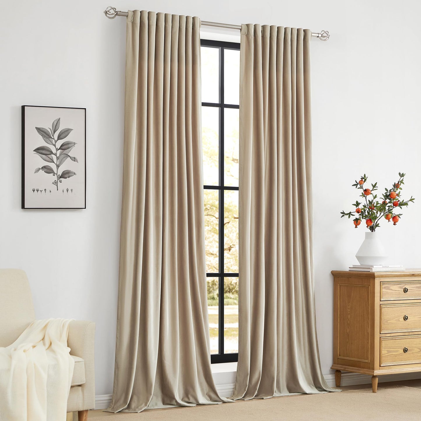 PRIMROSE Champagne Polyester Velvet Curtains 96 inch Long for Living Room,Set of 2 Panels Blackout Rod Pocket Back Tab Window Treatment Room Darkening Heavy Decorative Curtains Drapes for Bedroom