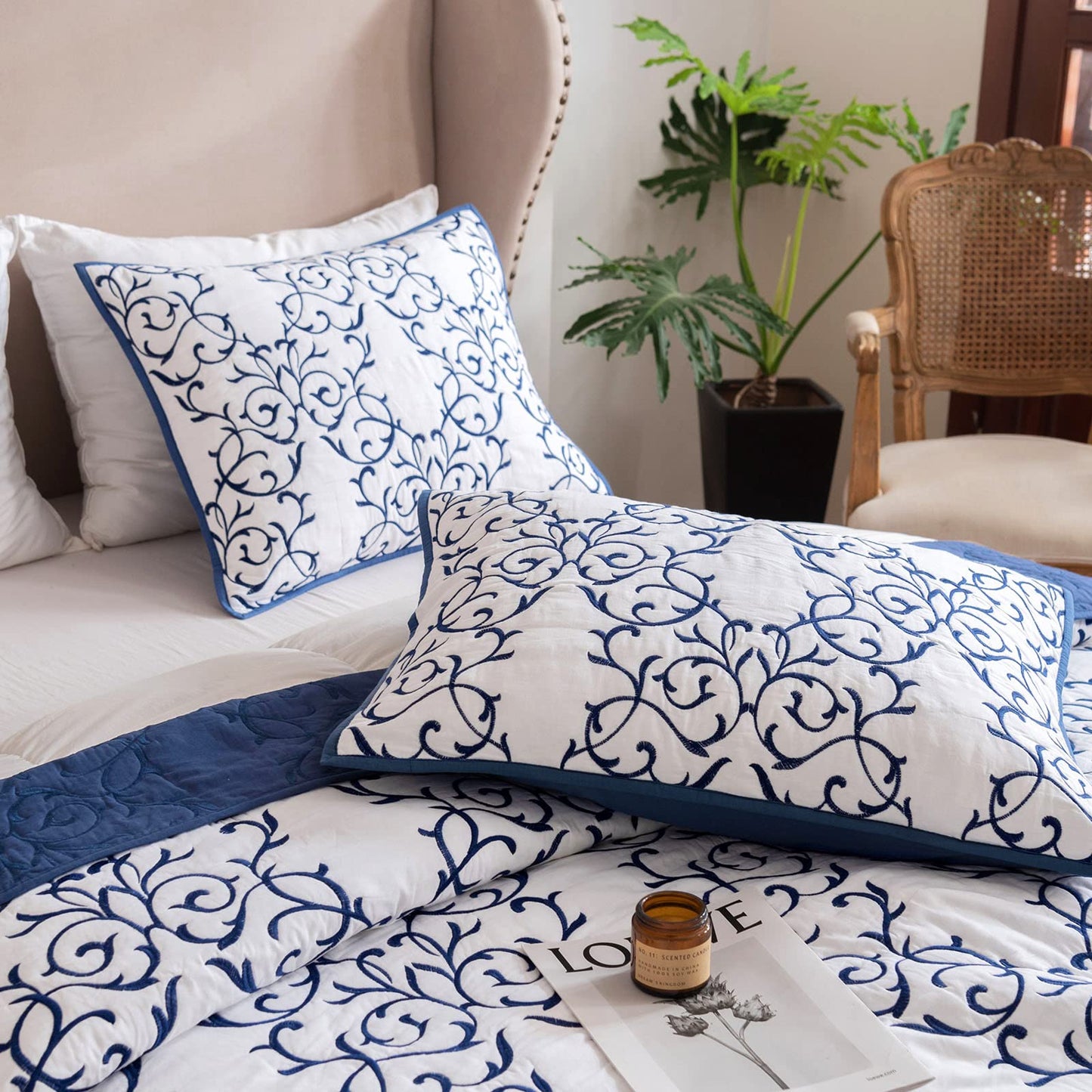 mixinni 2-Piece King Size Soft Microfiber Royal Blue Quilted Embroidery Floral Pattern Pillow Shams-20" x 36"