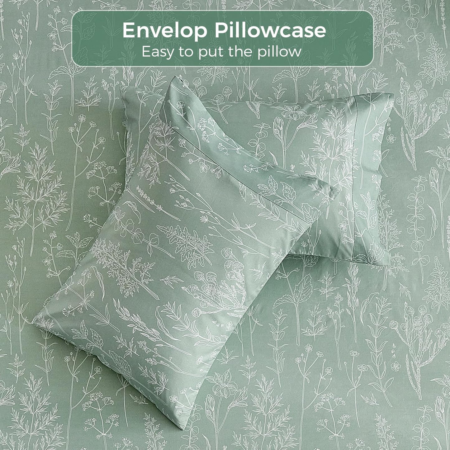 Tokokimo Floral Sheets Set King Size, 16 inches Deep Pocket Fitted Sheet, Flat Sheet & Envelope Closure Pillowcases, Soft Breathable Microfiber Sheet Set 4-Piece, Green and White Leaf Floral