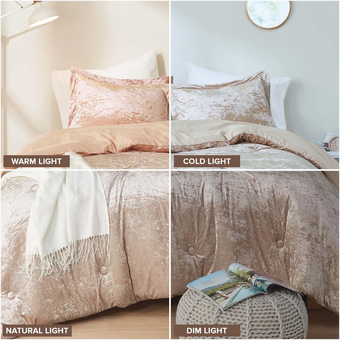 Comfort Spaces Luxe Queen Comforter Set Velvet Comforters for Queen Size Bed, Microfiber Reverse, Juliette, All Season Velvet Bedding Queen Size, Fluffy Bed Set, Sham, Full/Queen, Champagne 3 Piece