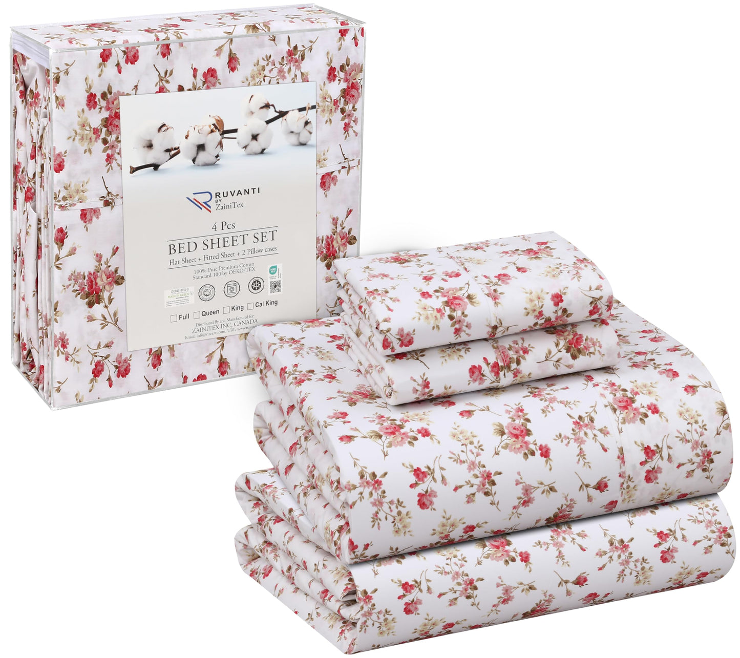 RUVANTI 100% Cotton Percale Sheets Full Size, Bouquet