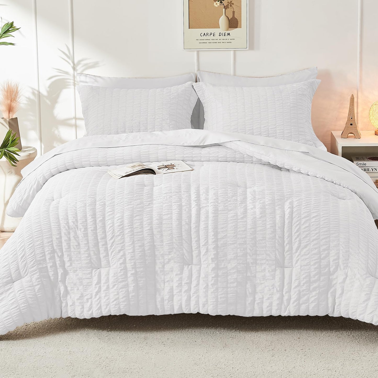 HYMOKEGE White Twin Comforter Set Seersucker 5 Pieces, All Season Luxury Bed in a Bag for Bedroom, Bedding Set with Comforters, Sheets, Pillowcase & Sham