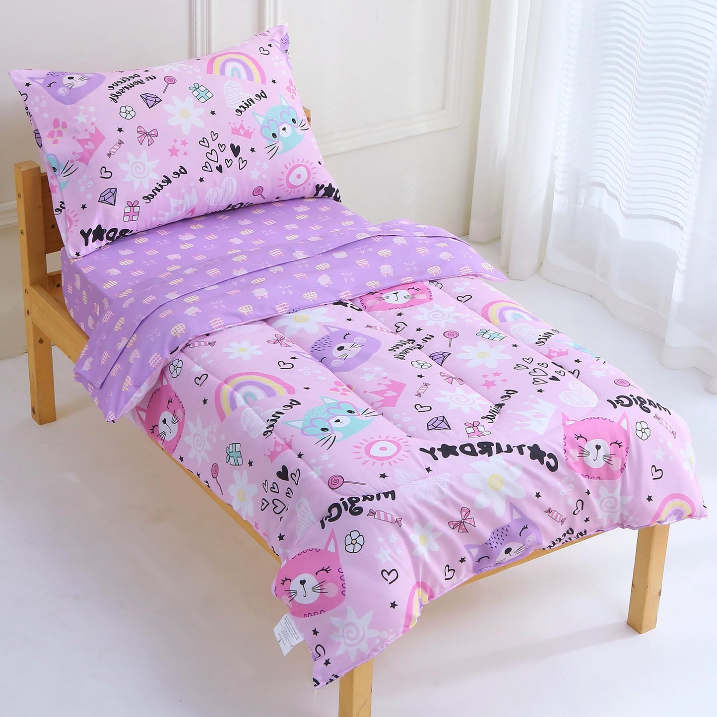 Viviland Purple Cat Toddler Comforter Sets, Cute Girls Toddler Bedding Set, Soft Microfiber Toddler Bed Set