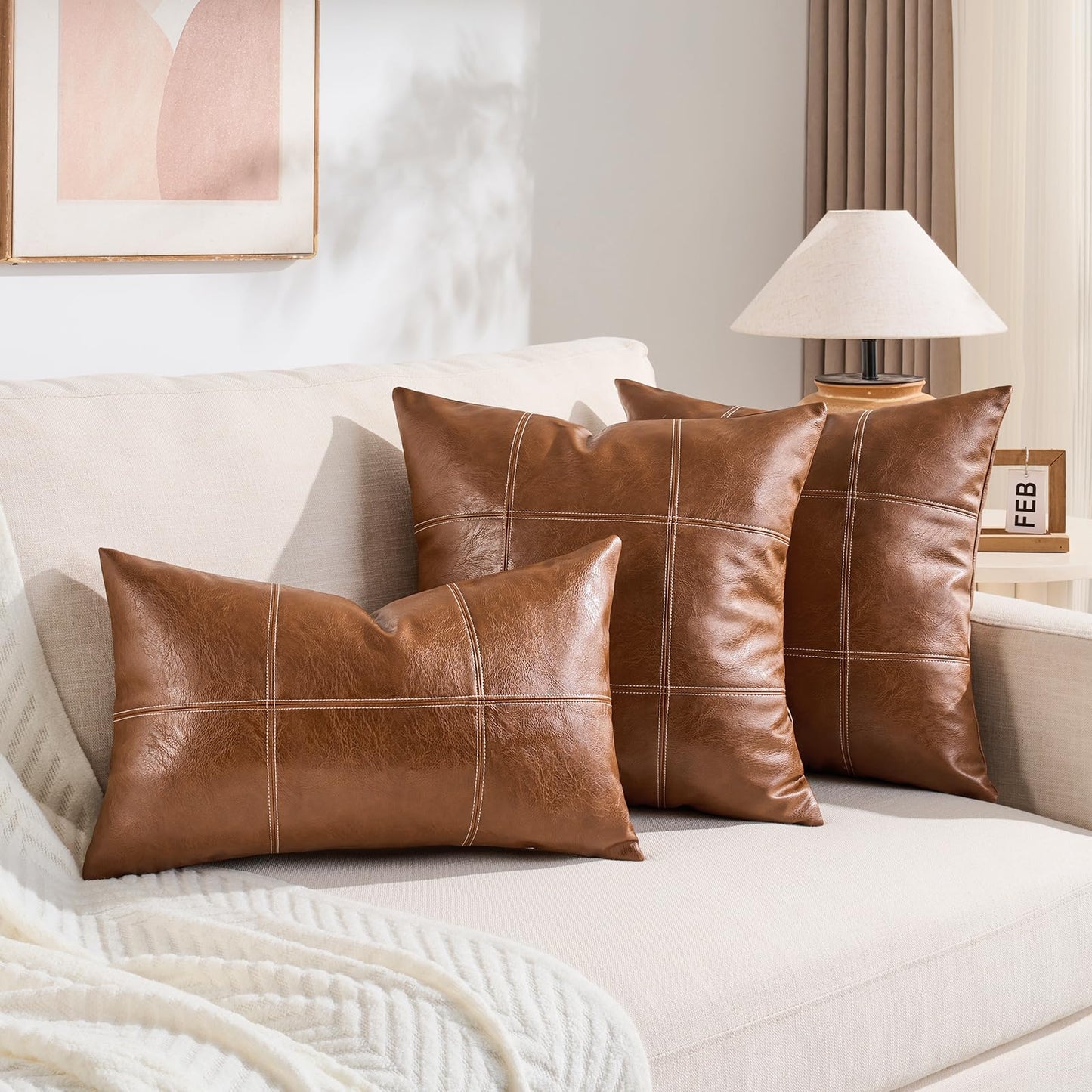 Fancy Homi 2 Packs Boho Brown Waterproof Faux Leather Decorative Throw Pillow Covers 18x18 Inch for Couch Bed Sofa, Modern Farmhouse Home Decor, Hand Stitched Accent Square Cushion Case 45x45 cm
