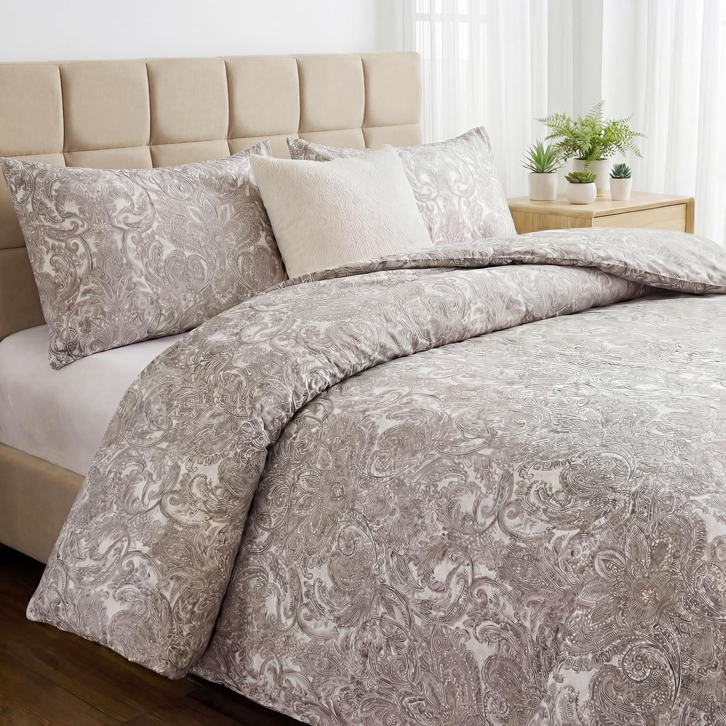 MOVE OVER 100% Cotton Duvet Cover Set Queen Size, Boho Paisley Bedding Set with Zipper Closure & Corner Ties, Soft Breathable Taupe Paisley Floral Duvet Cover for All Seasons