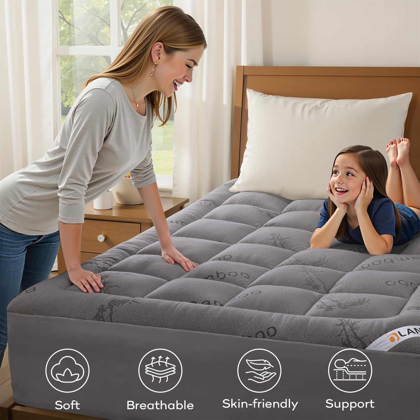 OLANLY Queen Mattress Topper, Bamboo Viscose Cooling Pillow Top Mattress Pad, Soft Plush Down Alternative for Firm Mattress, Back & Hip Pressure Relief, Machine Washable, Deep Pocket, Light Gray