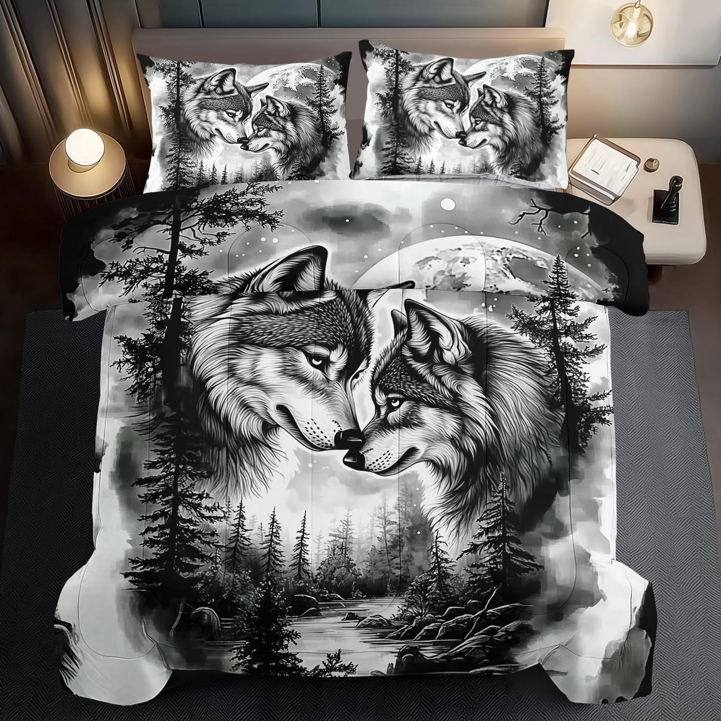llyxsesty Wolf Comforter Set King for Boys Black and White Animal Bedding Set Girls Couple Wolf Comforter King Quilt Forest Room Decor Animal Home Decor Bedroom