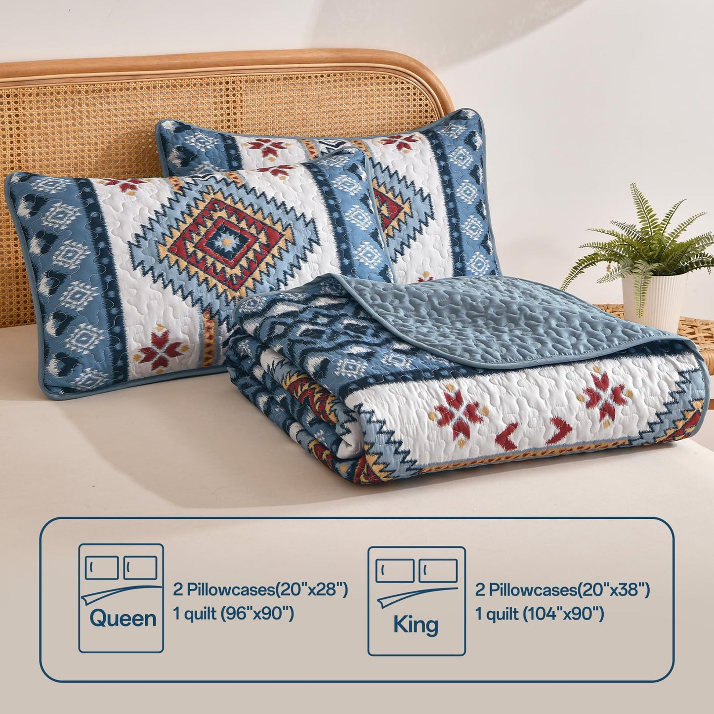 Dintszyayue Navy Blue Quilt Set Queen Size, Aztec Western Boho Quilt Bedspread Set, 3 Pieces Bohemian Southwestern Stripe Bedding Set Soft Lightweight Coverlet Set for All Season(96"x90")