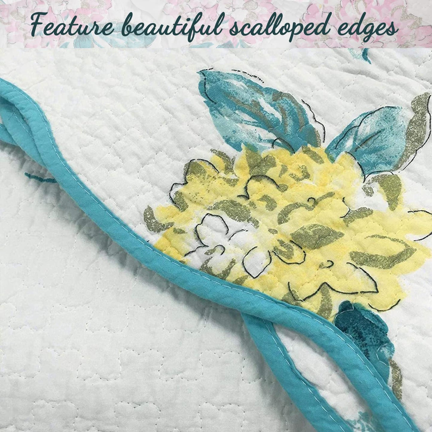 Cozy Line Home Fashions Turquoise Blue Floral Hydrangea Garden Leaf 100% Cotton Reversible Quilt Bedding Set, Coverlet, Bedspread (Valencia Bloom, Queen - 3 Piece)
