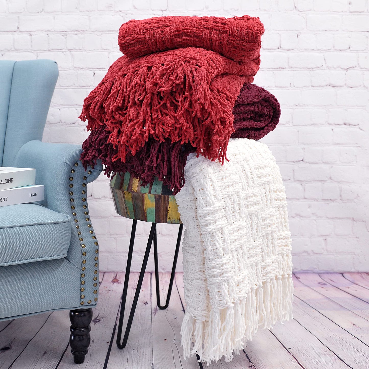 Home Soft Things Cable Knitted Throw Blankets 50'' x 60'', Burgundy, Soft Cozy Fluffy Decorative Throw with Tassels Couch Bed Sofa Cover Throw Blankets