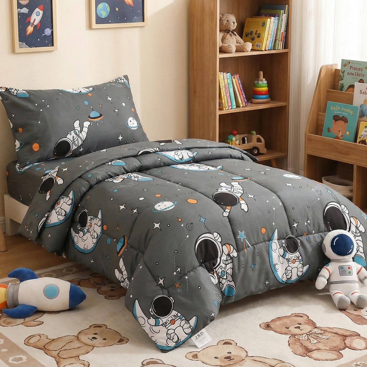 JSD Grey Astronaut Toddler Bedding Set, 4 Piece Space Theme Bed-in-a-Bag Comforter Sheet Set, Machine Washable