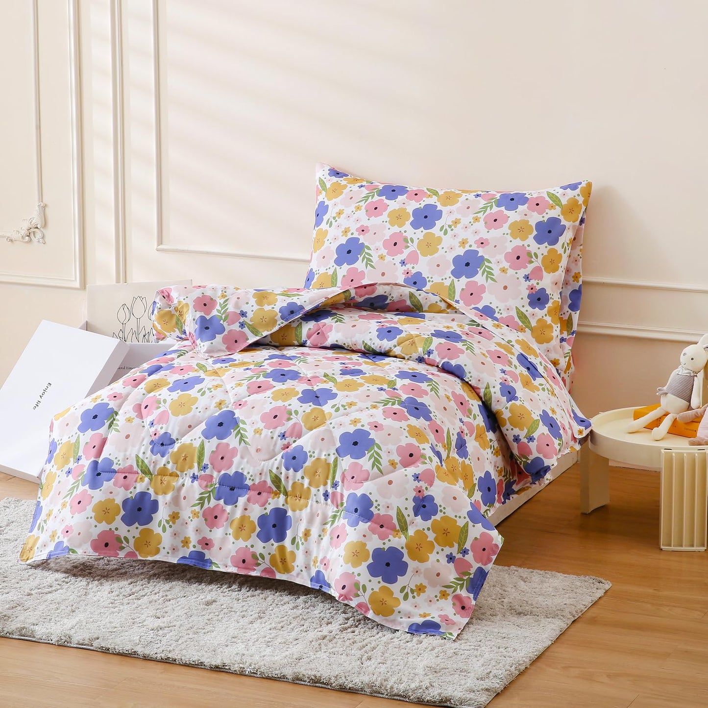 LONAVA Toddler Kids Comforter Set - 4 Pieces Toddler Bedding Sets for Boys Girls Children, Ultra Soft Microfiber Bed in A Bag with Flat Fitted Sheets, Flower
