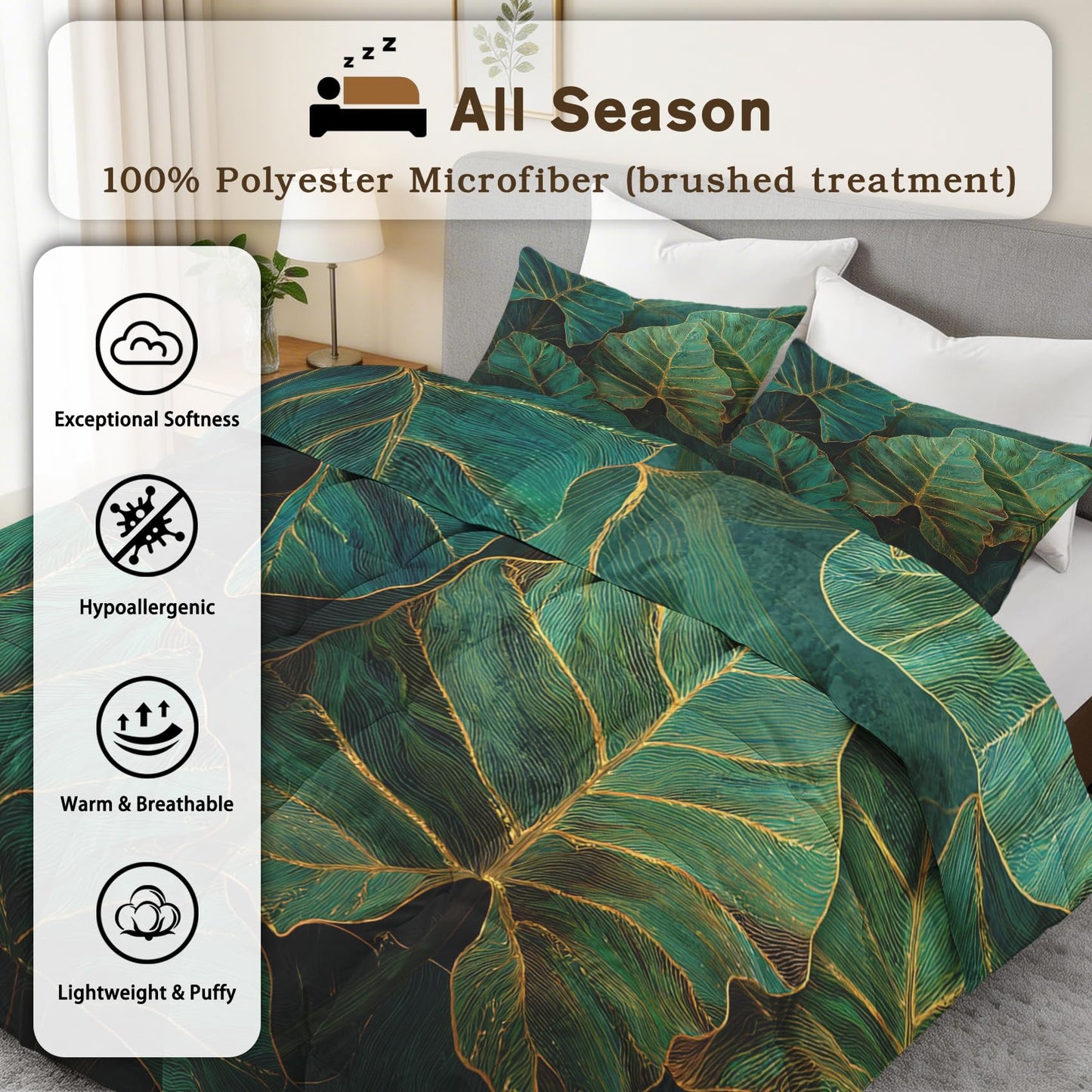 Monstera Comforter Set King Size 3Pc, Tropical Leaves Pattern Down Alternative Bed Comforter, 2 Pillow Shams, Soft All Season Bedding, Monstera Bedroom Decor AF4303