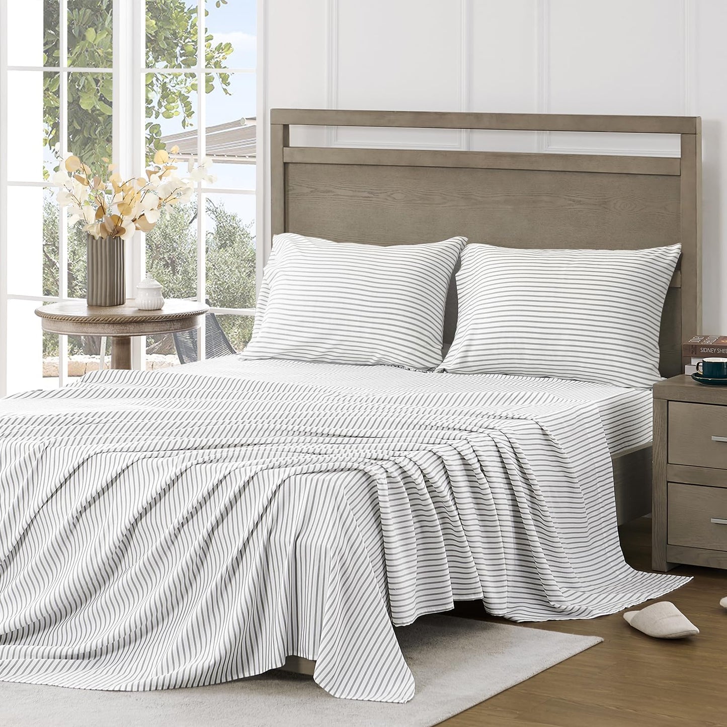 FreshCulture King Size Sheets Set - Ultra Soft Striped Microfiber Sheets - Deep Pockets up to 16" - Easy Care - Hotel Luxury 4 Piece Set, Stripe Grey