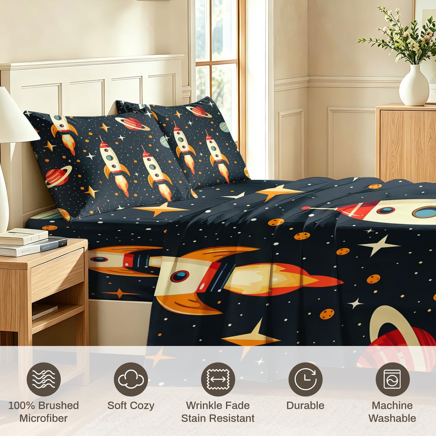 Rocket Twin Sheet Set 3 Pcs Boys Outer Space Bed Sheets, Navy Blue Red