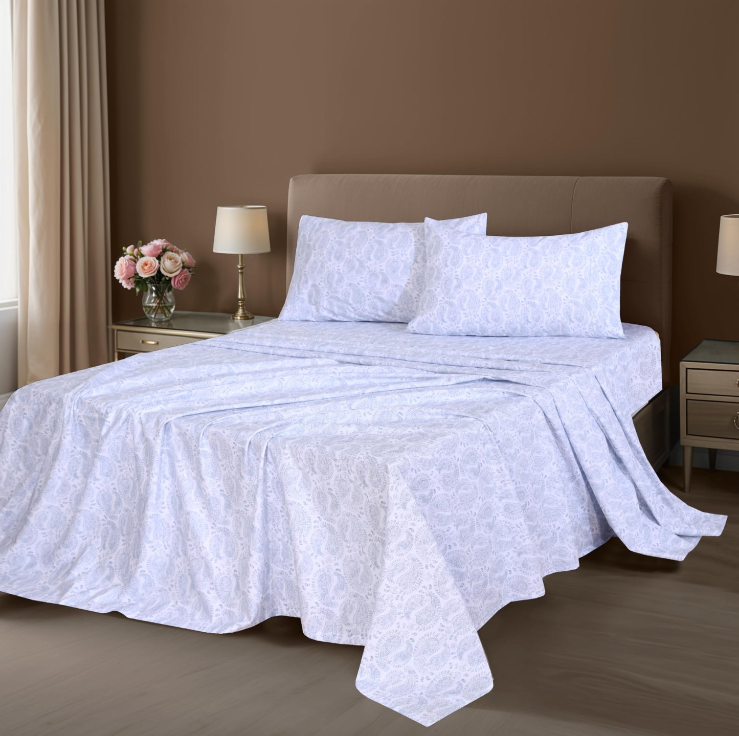 ZOYER 100% Cotton Percale Sheets Queen – Cooling Breathable Bed Sheets for Hot Sleepers, Crisp Hotel Style Bedding, Deep Pocket 16”, Lightweight Soft Durable 4 Pcs Sheet Set, Paisley Imprint