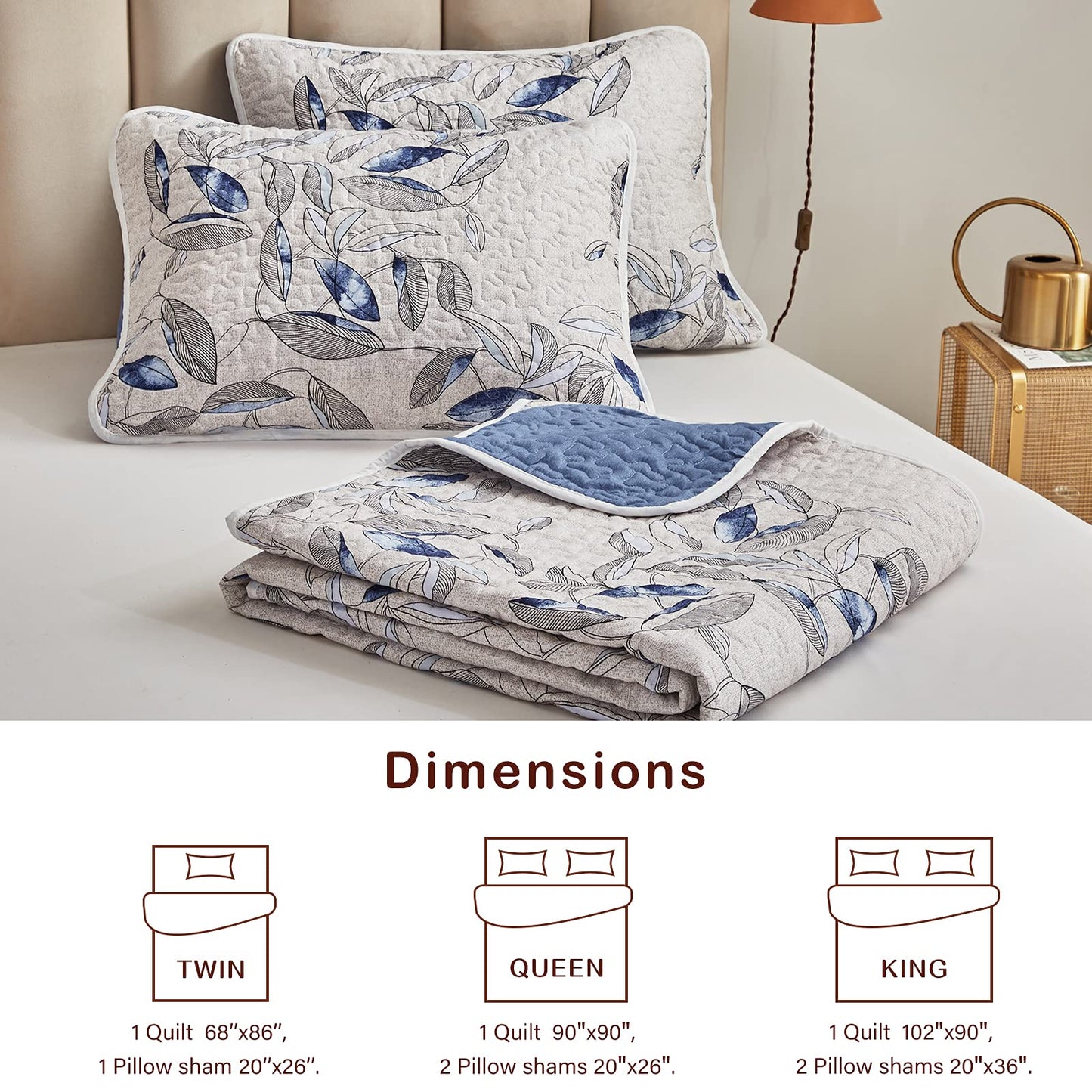 Joyreap 2 Pieces Microfiber Quilt Set, Botanical Blue Leaves on Light Gray Reversible Design, Bedspread Bed Cover for All Season, 1 Quilt and 1 Pillow Sham (Twin, 68x86 inches)